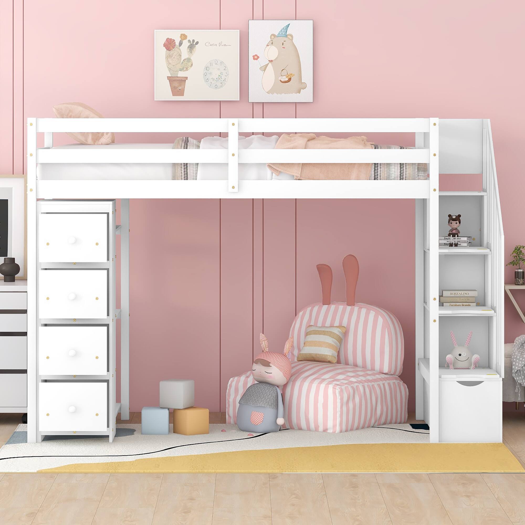 Angle. Aukfa - Twin size Loft Bed with Storage Drawers and Stairs, Wooden Loft Bed with Shelves - White.