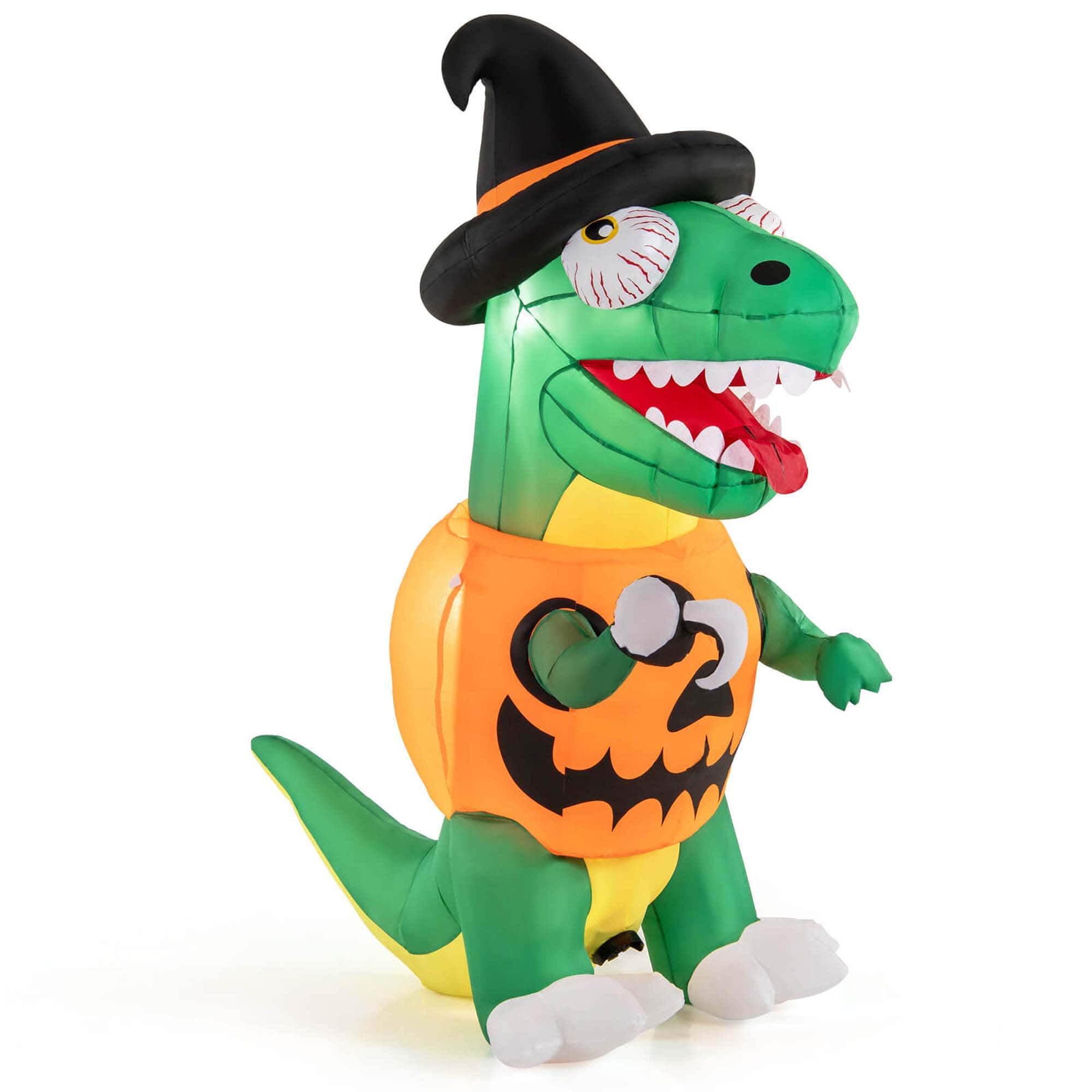 Costway - 6 FT Inflatable Pumpkin Dinosaur with Built-in LED Lights & Witch Hat Stakes - Green