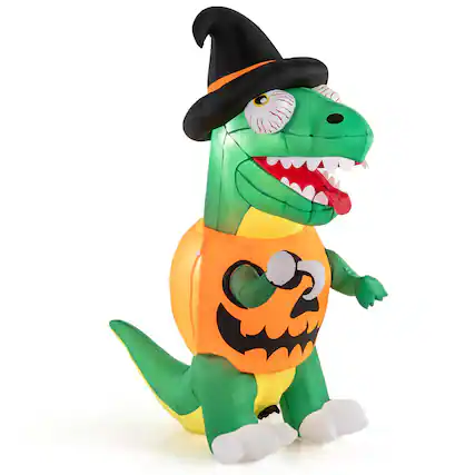 Front. Costway - Costway 6 FT Inflatable Pumpkin Dinosaur with Built-in LED Lights & Witch Hat Stakes - Green.