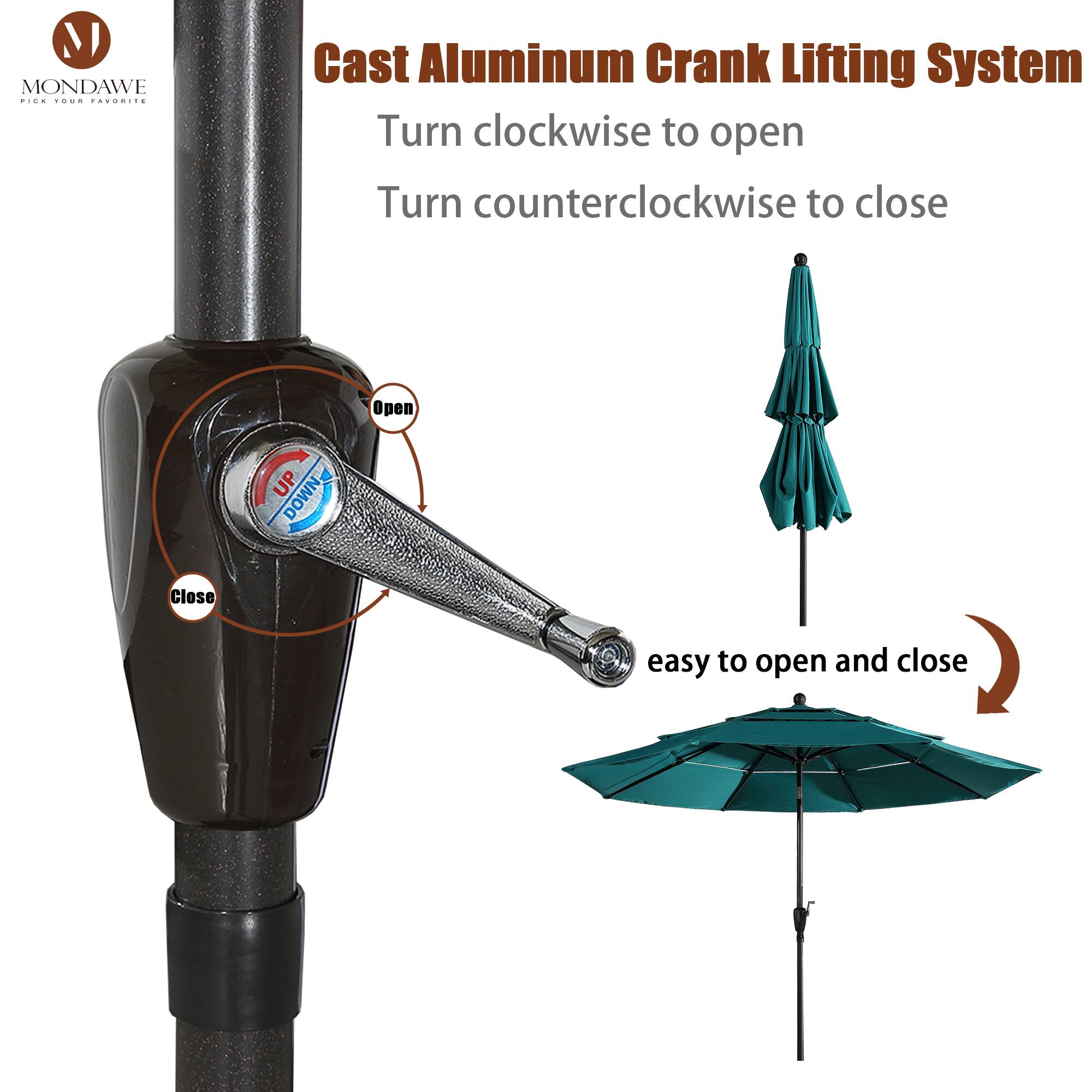 MONDAWE

Cast Aluminum Crank Lifting System

Turn clockwise to open

Turn counterclockwise to close

Open

Close

easy to open and close
