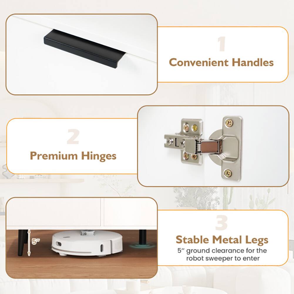 1. Convenient Handles  
2. Premium Hinges  
3. Stable Metal Legs  
5" ground clearance for the robot sweeper to enter