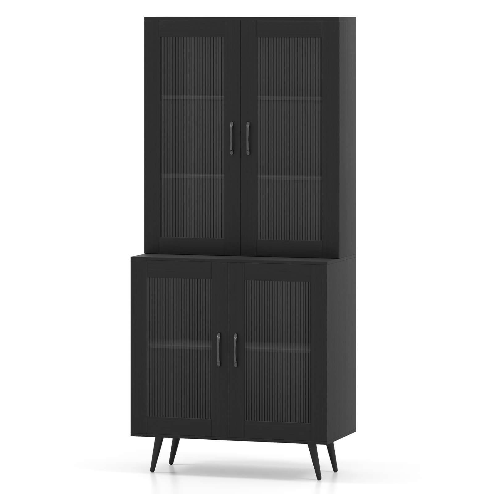 Alt View 9. Costway - Costway Kitchen Pantry Cabinet with Translucent Fluted Doors & Adjustable Shelf - Black.