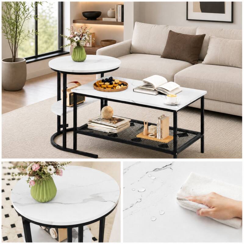 Alt View 2. WELLFOR - Coffee Table Set of 2, Rectangle Coffee Table and Side End Table with Storage Shelves, Nesting Center Table - White.