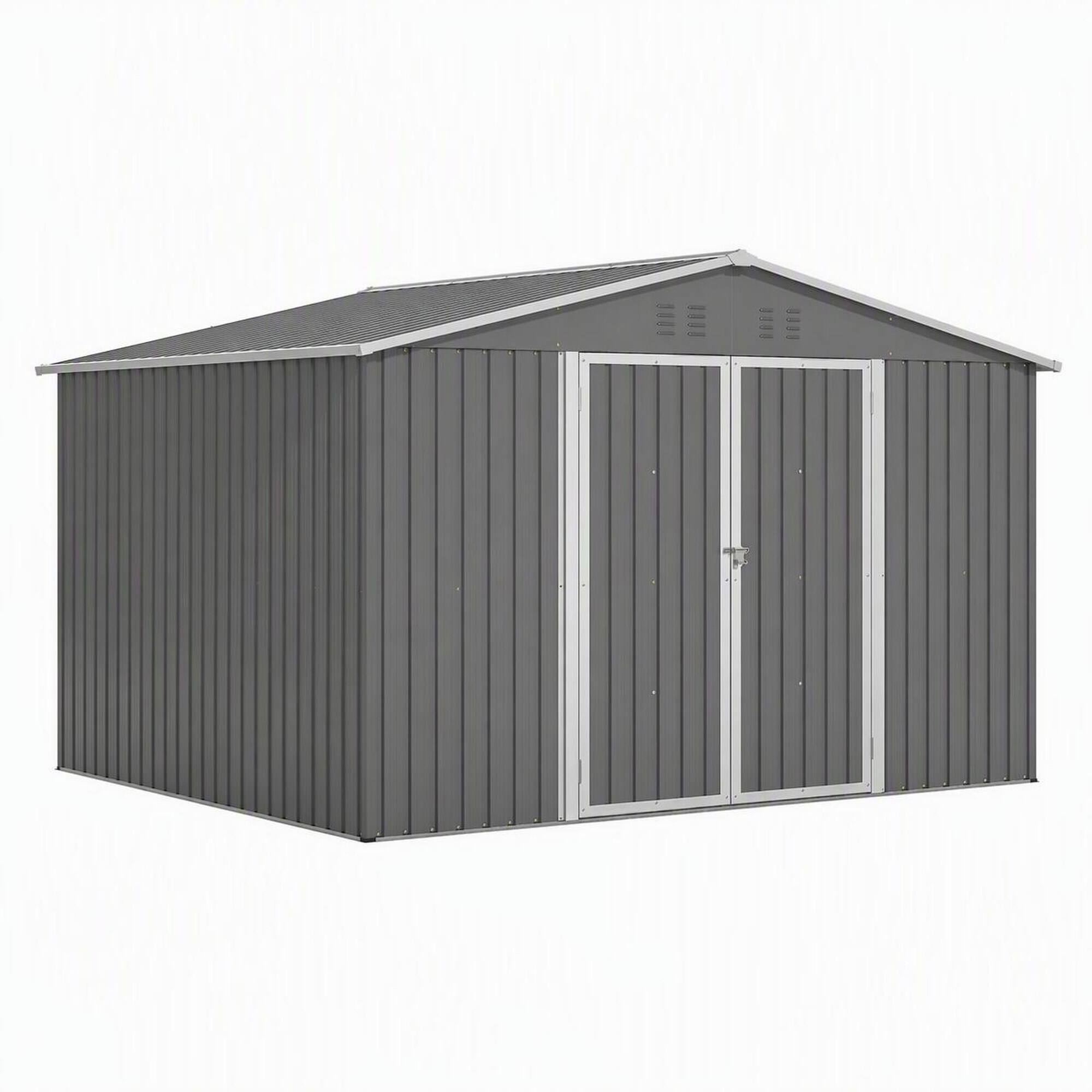 Front. RYHNUYNE - 10x8 ft Steel Shed Lockable Doors Weatherproof Garden Patio Backyard Organizer Gray - Gray.