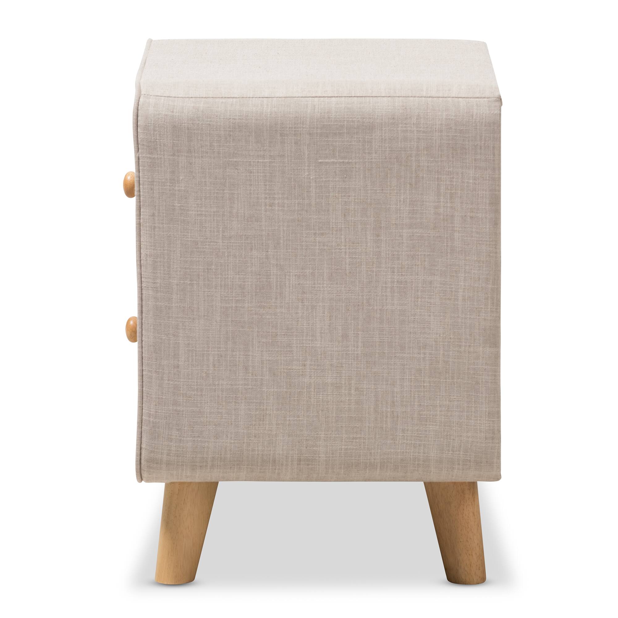 Left. Baxton Studio - Jonesy Mid-Century Linen Upholstered 2-Drawer Nightstand - Beige.