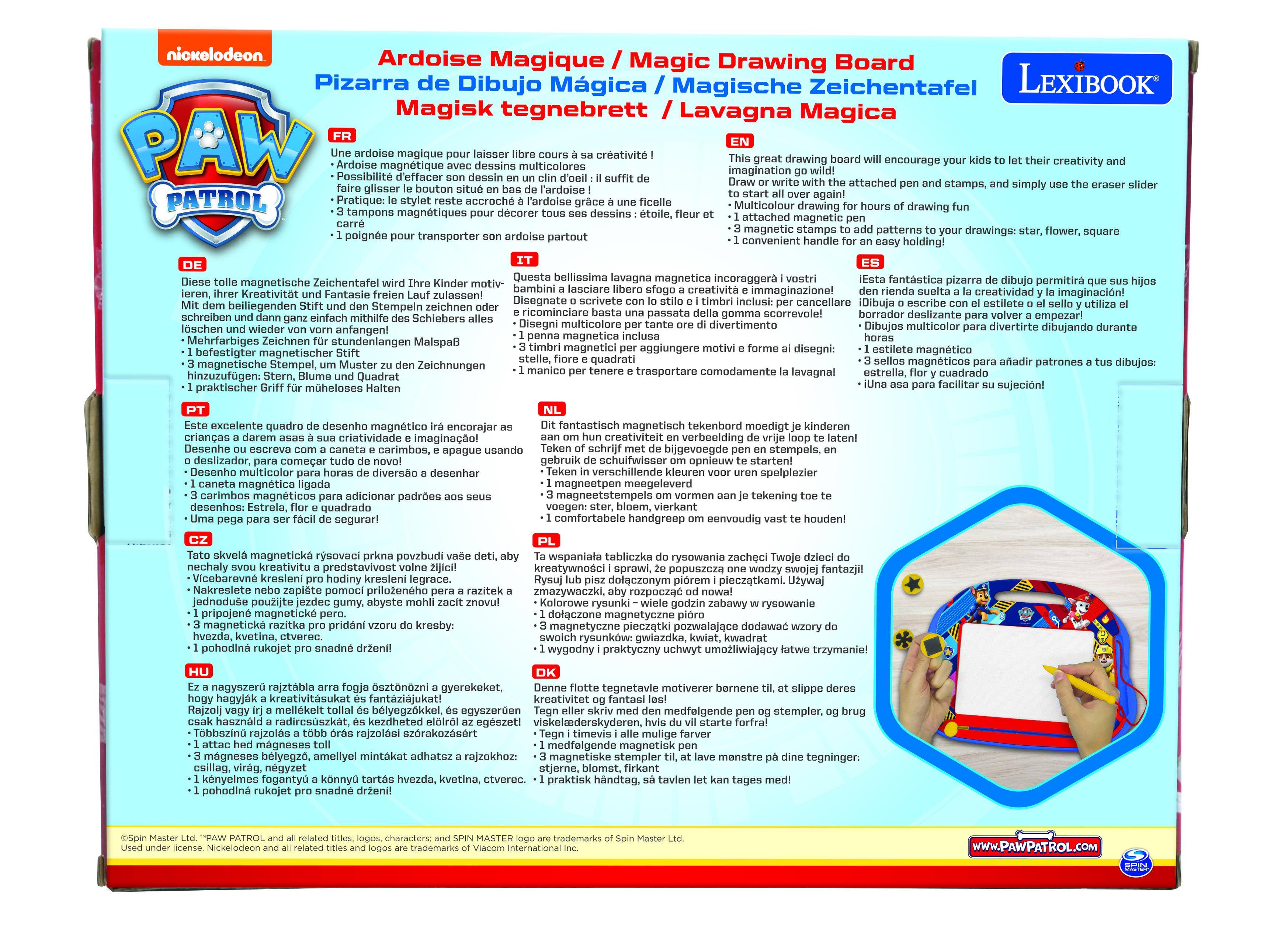 **Ardoise Magique / Magic Drawing Board / Zeichentafel Magique / Lavagna Magica**

This great drawing board will encourage your kids to let their creativity and imagination go wild! Draw or write with the attached pen and stamps, and simply use the eraser slider to start all over again! Multicolour drawing for hours of drawing fun. Add patterns to your drawings: star, flower, square. 1 convenient handle for easy holding!

**FR**
- Une ardoise magique pour laisser libre cours à sa créativité !
- Ardoise magnétique avec des dessins multicolores
- Possibilité de défacer l'ardoise
- 3 tampons magnétiques pour décorer tous ses dessins : étoile, fleur et carré
- 1 poignée pour transporter partout

**DE**
- Diese tolle magnetische Zeichentafel wird Ihre Kinder motivieren, ihrer Kreativität und Fantasie freien Lauf zu lassen, indem sie den Stempeln einfach überall hinzufügen können!
- Mehrfarbiges Zeichnen für unendliche Spaß
- 1 befestigter magnetischer Stift
-
