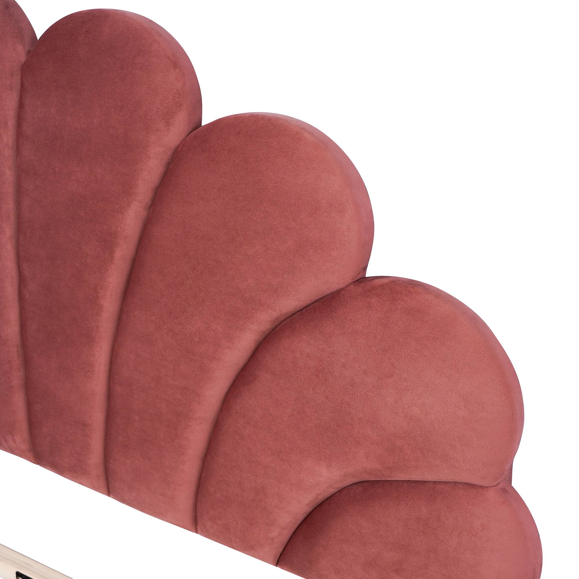 Alt View 5. Tiramisubest - Full Size Upholstered Platform Bed with Flower Pattern Velvet Headboard, Bean Paste Red - Bean paste red.
