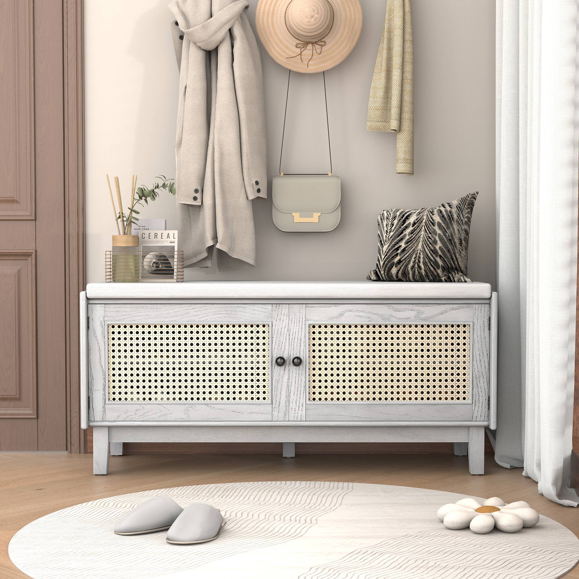 Left. Whisen - Rattan Shoe Storage Bench with Double Doors and Adjustable Shelves-Gray Wash - Gray Wash.