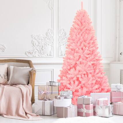 Front. Gymax - Gymax 7.5ft Pink Artificial Christmas Tree Hinged Spruce Full Tree w/ Metal Stand - Pink.