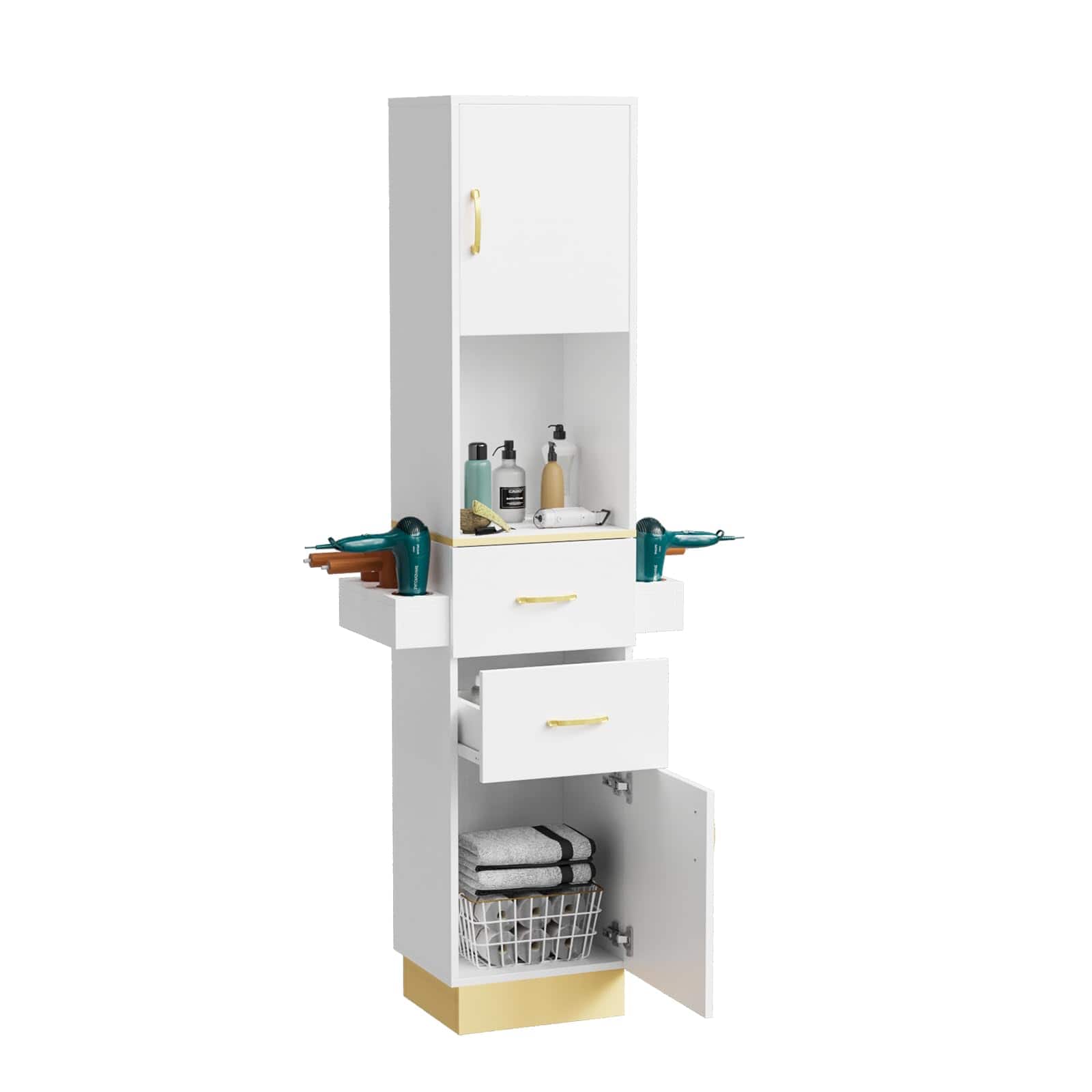 Winado - Salon Storage Station Barber Stations Beauty Spa Equipment with Hair Dryer Holders, Storage Cabinet, Drawers for Bedroom - White & Gold