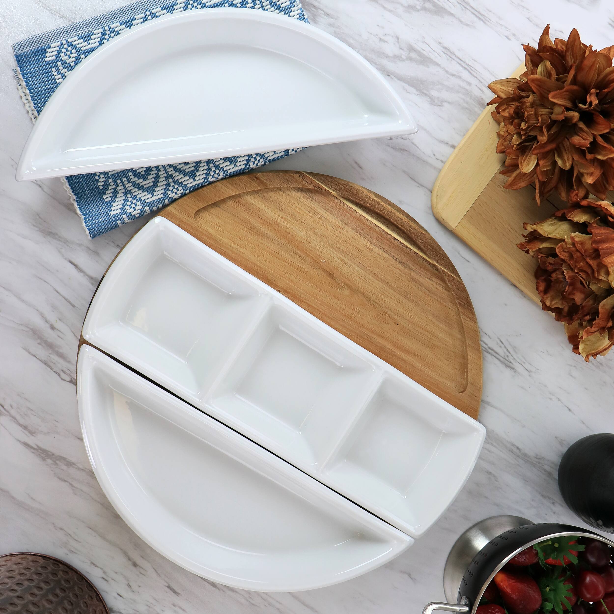 Alt View 6. Gibson - Gibson Elite Gracious Dining 4 Piece Fine Ceramic Sectional Tray Set with Acacia Wood Base - White.