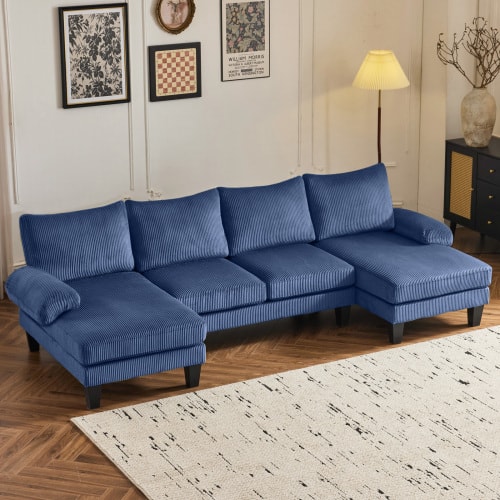 Winado - 111" Sectional Couches Corduroy Upholstery U-Shape 4 Seat Sofa Set with Double Chaises & Wood Grain Legs for Living Room - Blue