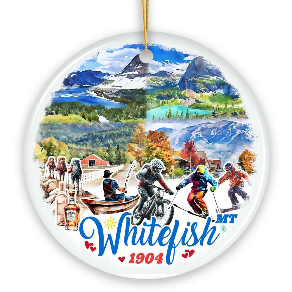 OrnamentallyYou - Breathtaking Whitefish Mountain Town Ornament, Montana Alpine Lake Christmas Gift (Circle) - Multi-colored