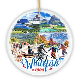 OrnamentallyYou - Breathtaking Whitefish Mountain Town Ornament, Montana Alpine Lake Christmas Gift (Circle) - Multi-colored