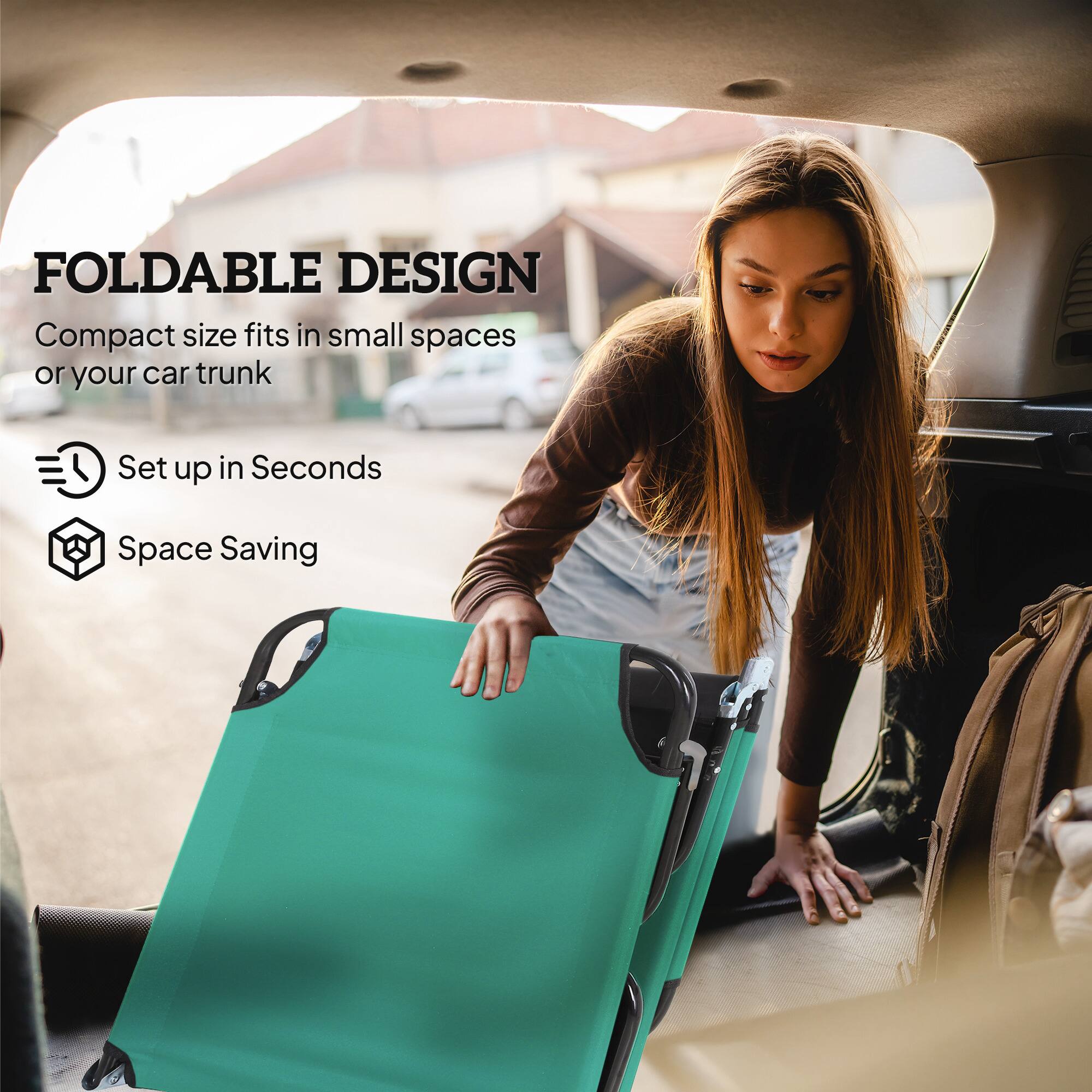 FOLDABLE DESIGN  
Compact size fits in small spaces or your car trunk  
Set up in Seconds  
Space Saving