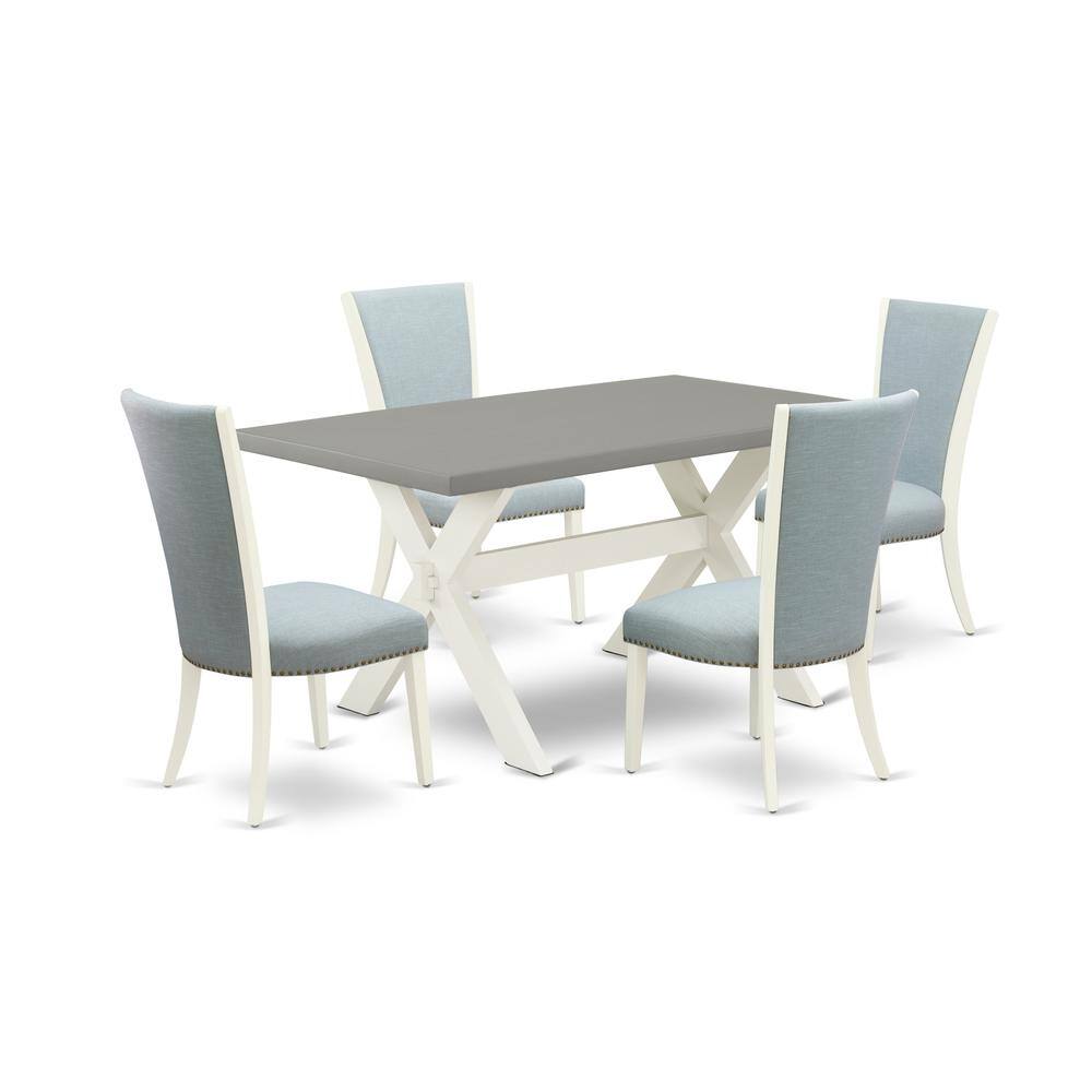 Left. East West Furniture - East West Furniture X096VE215-5 5 Piece Dining Table Set - 4 Baby Blue Linen Fabric Parson Dining Chairs with Nailheads - Multi-Color.