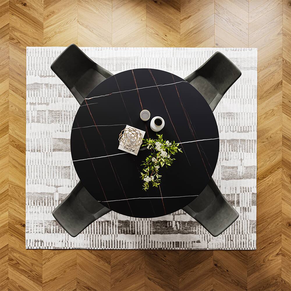 Alt View 7. POVISON - 47" Modern Round Black Dining Table for 4,Matte Sintered Stone Tabletop, Black Carbon Steel Base - Matte Black Sintered Stone & Black Steel Base.