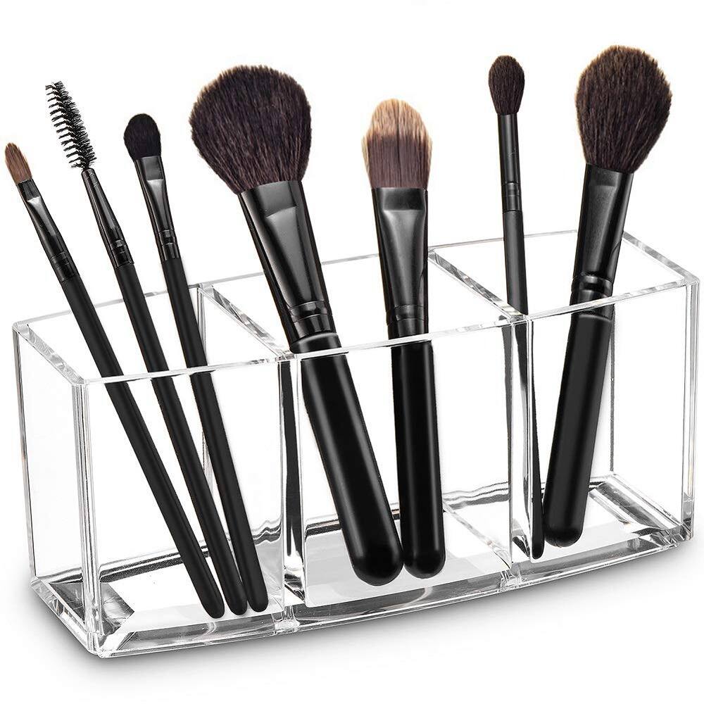 Front. RTMB - 3-Slot Acrylic Makeup Brush Organizer Holder for Clear Cosmetic Brush Storage.