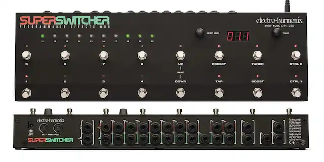 **Super Switcher Programmable Effects Hub**
- **Electro-Harmonix**
- **New York City, USA**
**Controls:**
- L1, L2, L3, L4, L5, L6, L7, L8
- Boost Level
- Value 088
- Up, Down, Bank
- Preset, Tuner, Tap
- Boost, Ctrl 1, Ctrl 2
**MIDI:**
- MIDI In, MIDI Out
**Power:**
- 12V DC
**CE Marking**
**Note:**
- Nothing included in the box, including CE