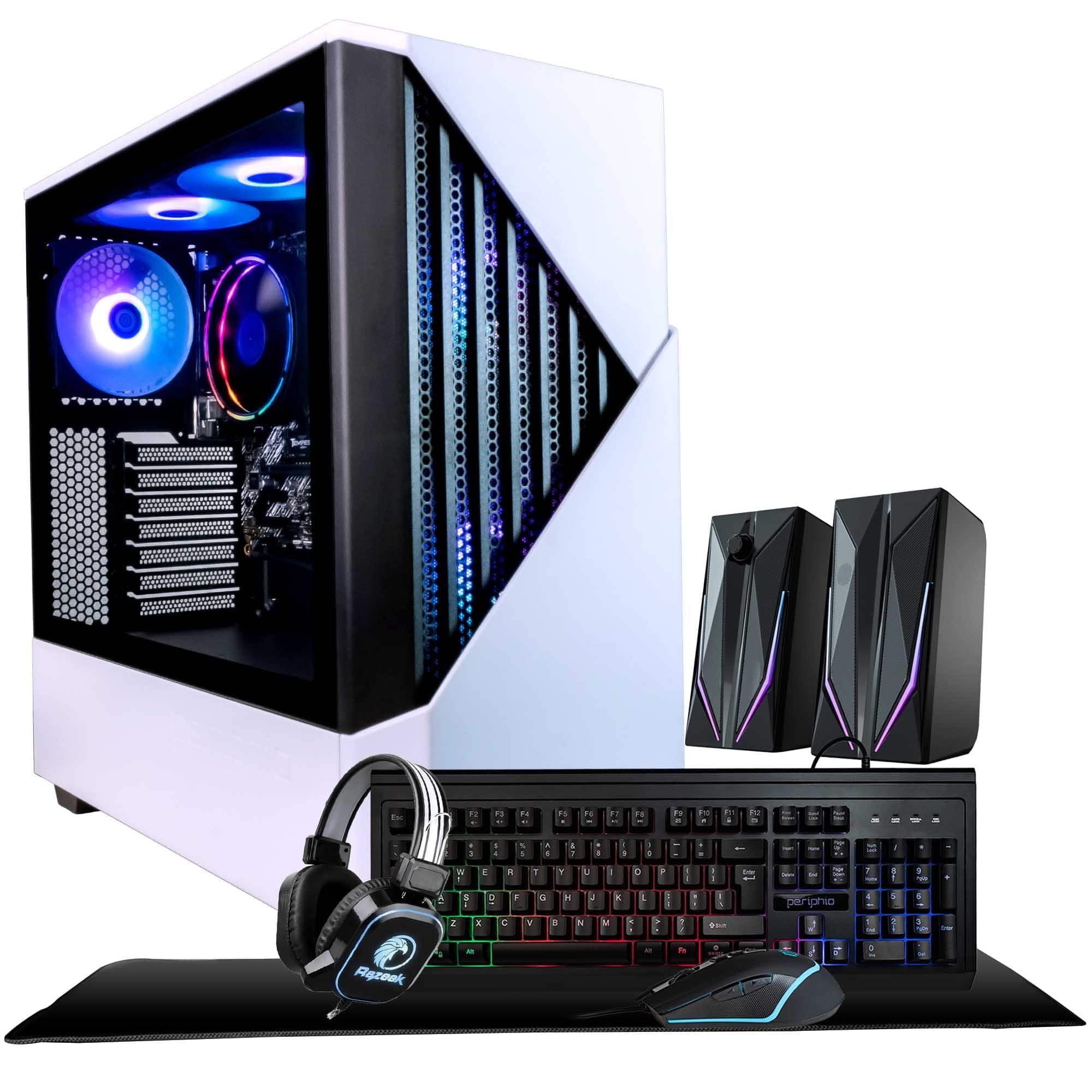 Periphio - Castle Gaming PC Bundle-AMD Ryzen 5-Radeon Vega 7 iGPU-16GB RAM-1TB NVMe-Win 11-M/K Combo+Headst &Spkrs+Deskmt - White