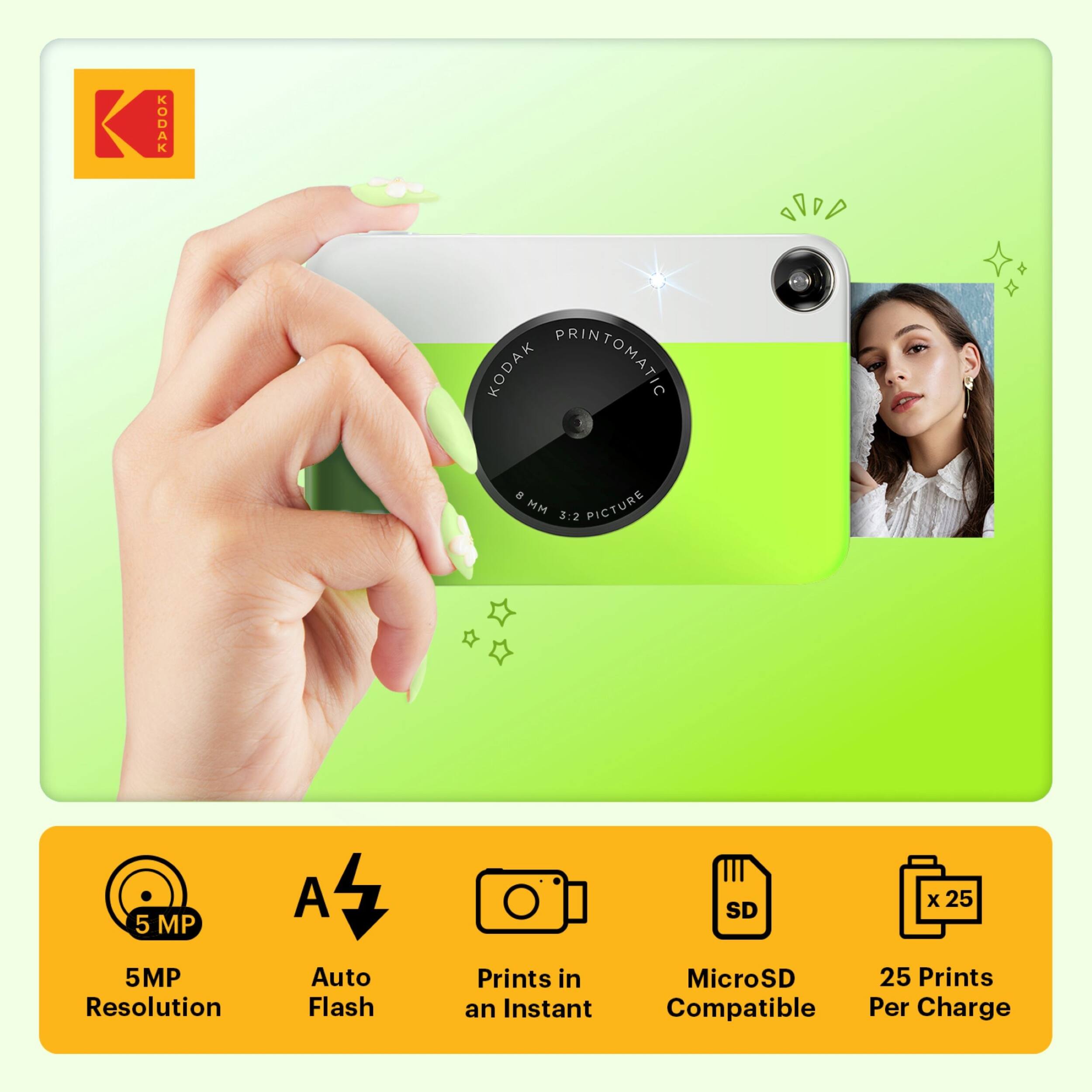 ASOOA KODAK PRINTOMATIC 3 MM PICTURE 3:2 5 MP A SD x 25 5MP Resolution Auto Flash Prints in an Instant MicroSD 25 Prints Compatible Per Charge