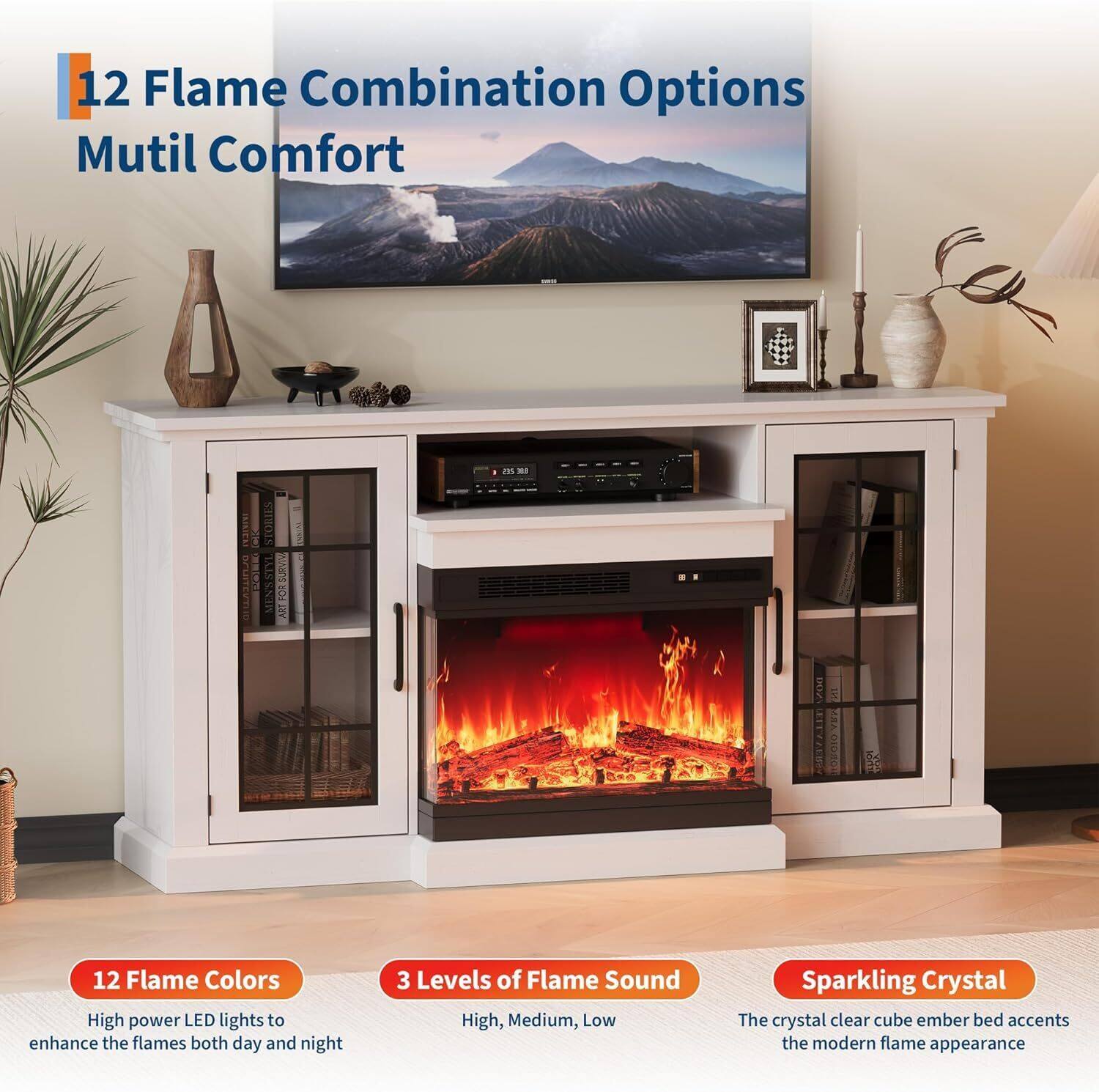 12 Flame Combination Options  
Mutil Comfort  

12 Flame Colors  
High power LED lights to enhance the flames both day and night  

3 Levels of Flame Sound  
High, Medium, Low  

Sparkling Crystal  
The crystal clear cube ember bed accents the modern flame appearance
