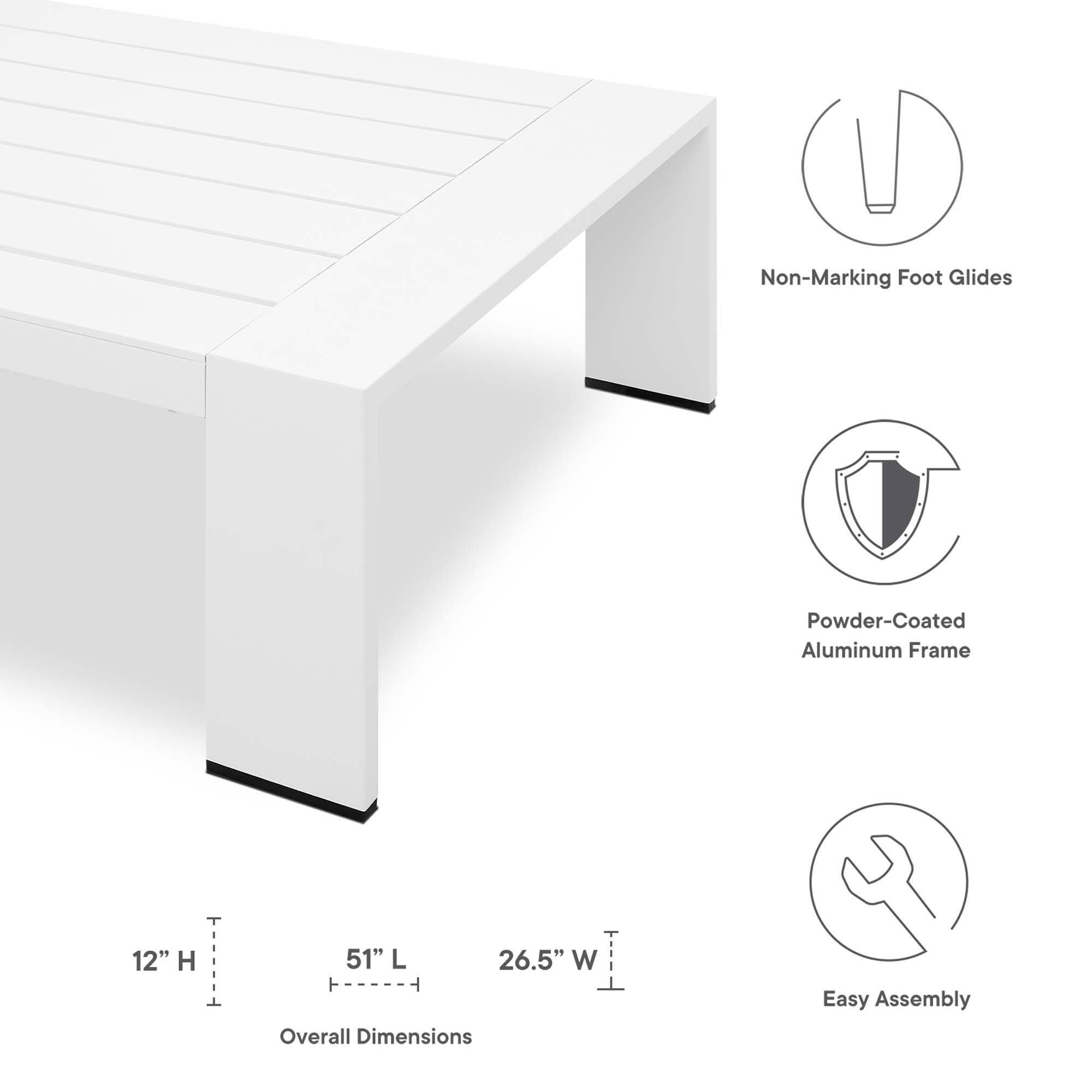 Non-Marking Foot Glides  
Powder-Coated Aluminum Frame  
12" H x 51" L x 26.5" W  
Overall Dimensions  
Easy Assembly