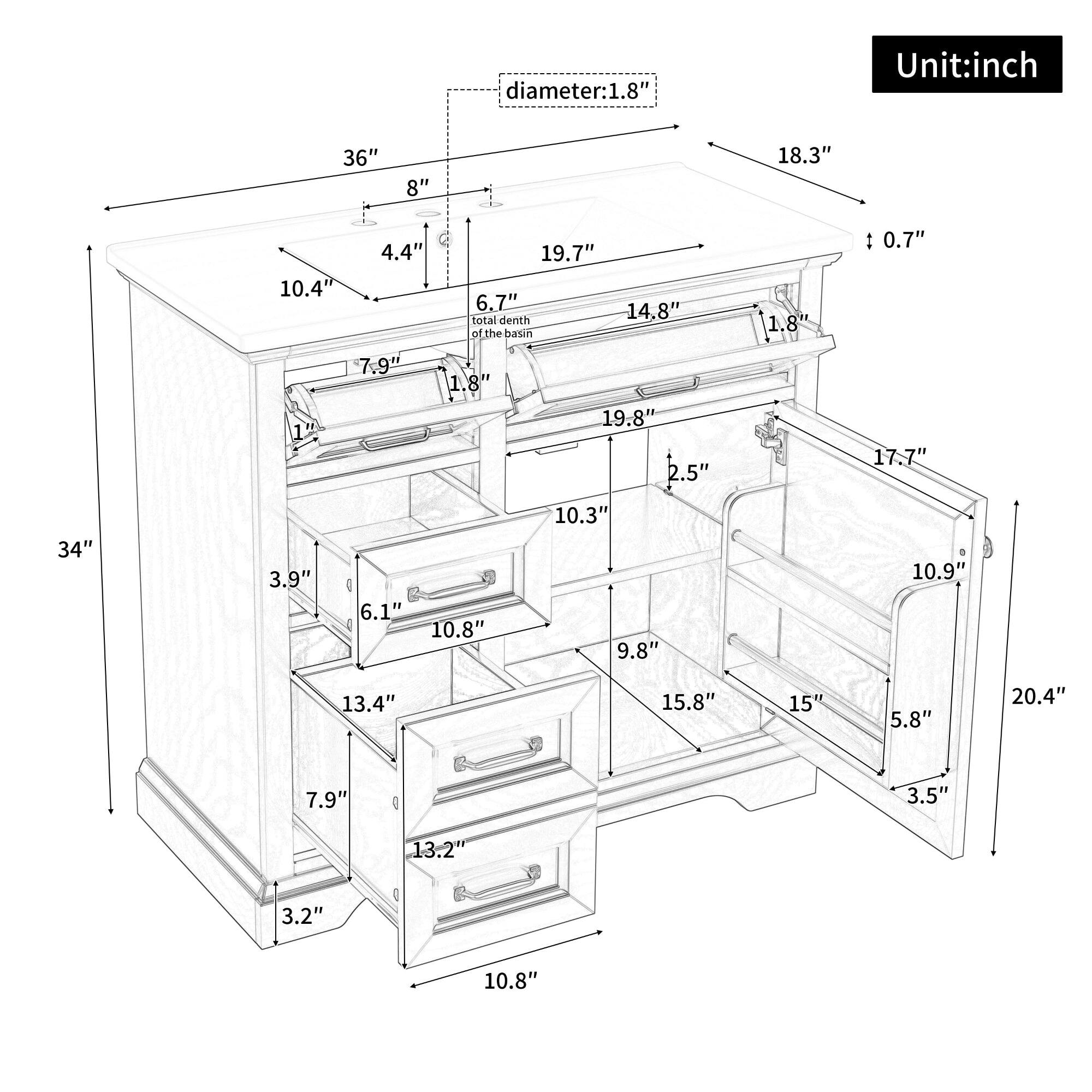 - Diameter: 1.8"  
- Unit: inch  
- 36"  
- 8"  
- 18.3"  
- 4.4"  
- 19.7"  
- 10.4"  
- 6.7"  
- 14.8"  
- Total depth of the basin: 7.9"  
- 1.8"  
- 19.8"  
- 12"  
- 2.5"  
- 1.8"  
- 0.7"  
- 17.7"  
- 34"  
- 3.9"  
- 6.1"  
- 10.8"  
- 10.3"  
- 9.8"  
- 10.9"  
- 13.4"  
- 15.8"  
- 15"  
- 5.8"  
- 20.4"  
- 7.9"  
- 3.5"  
- 13.2"  
- 3.2"  
- 10.