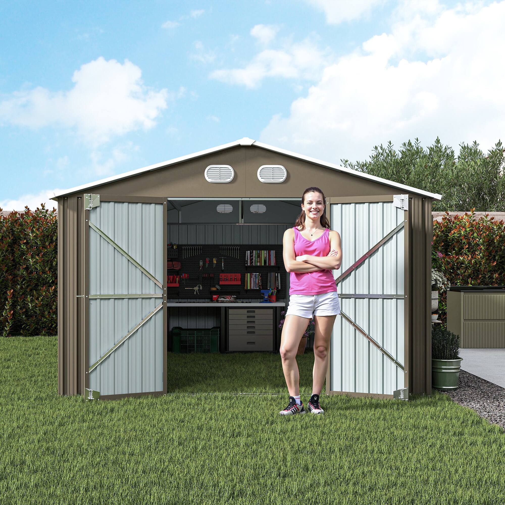 Angle. Anysun - 10x12 FT Outdoor Metal Storage Shed – Large Storage Shed with Sturdy Frame, Lockable Door, Garden Tool Shed - Coffee.