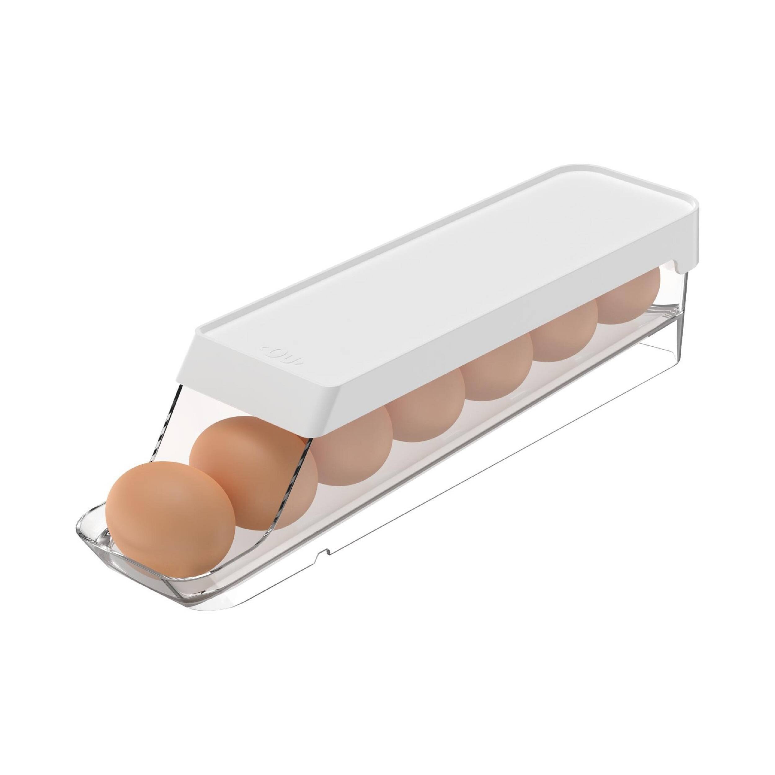 Front. OU - OU Egg Holder for Fridge, BPA Free Rolling Egg Organizer for Refrigerator Organization.