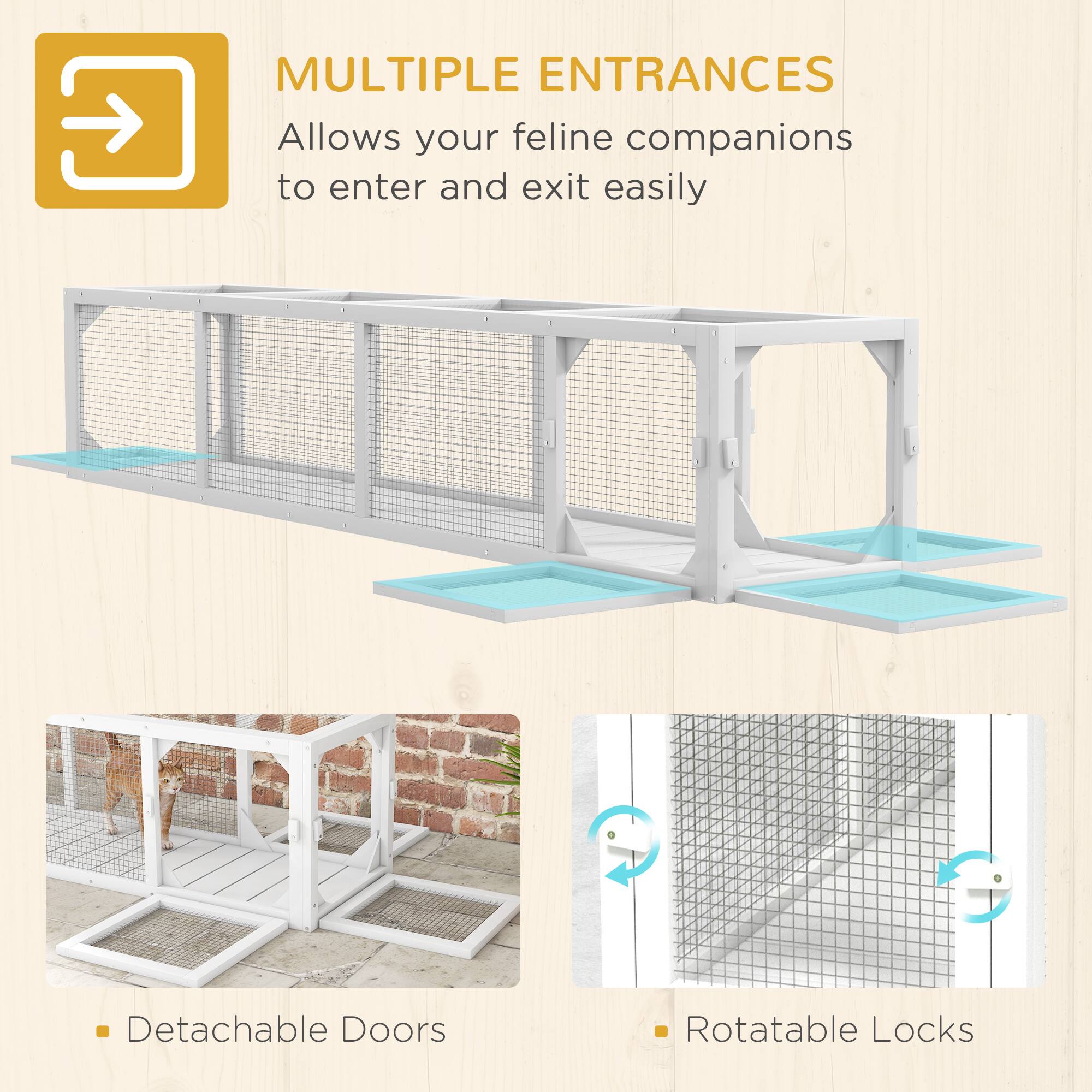 MULTIPLE ENTRANCES  
Allows your feline companions to enter and exit easily  

- Detachable Doors  
- Rotatable Locks