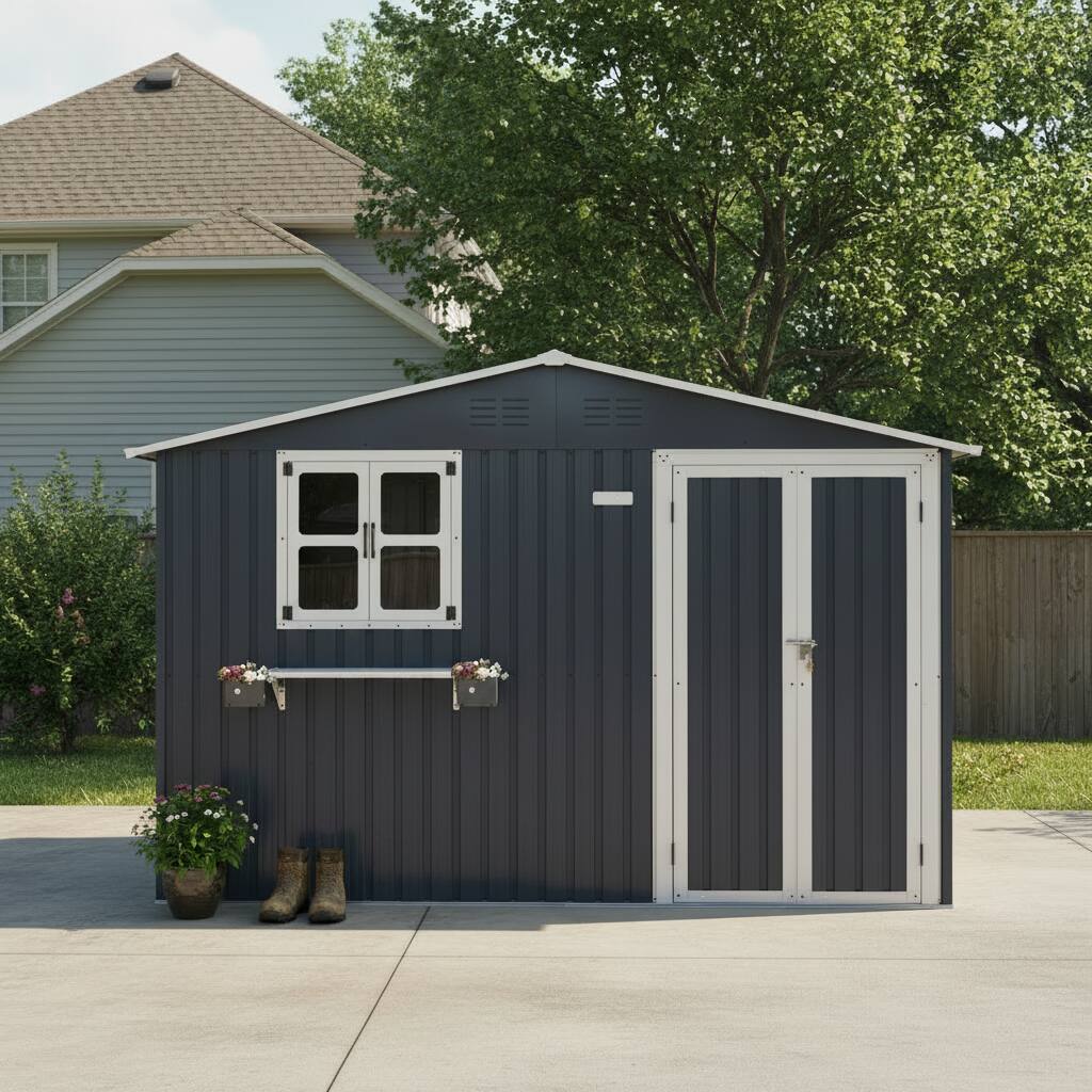 Alt View 6. Loheer - Loheer 10x8 Metal Storage Shed with Window Lockable Double Doors Waterproof Outdoor Garden Tool Shed Coal Gray.
