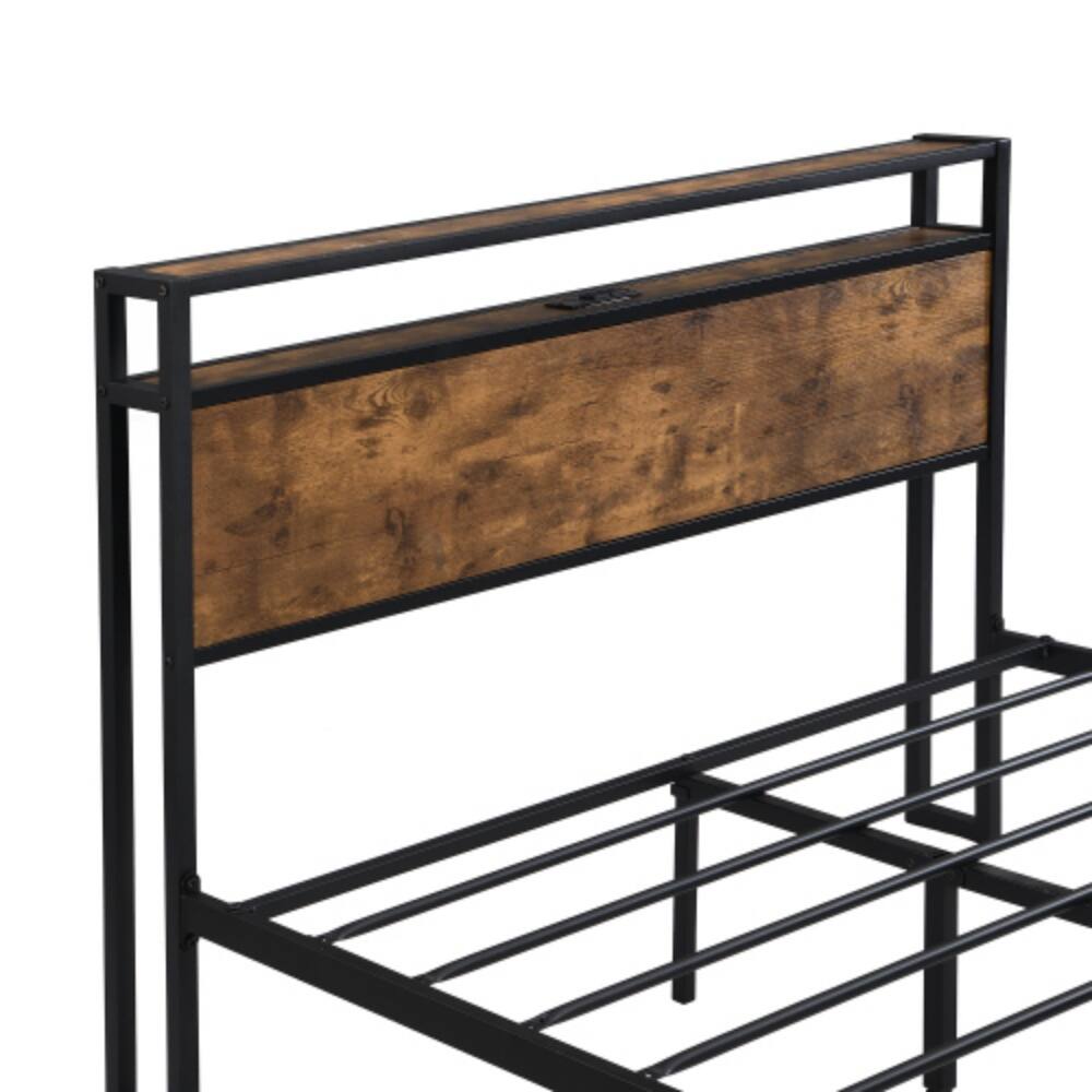 Alt View 1. LUCKY ONE - Full Size Metal Platform Bed Frame with Wooden Headboard and Footboard, USB Ports, No Box Spring Needed - Black.