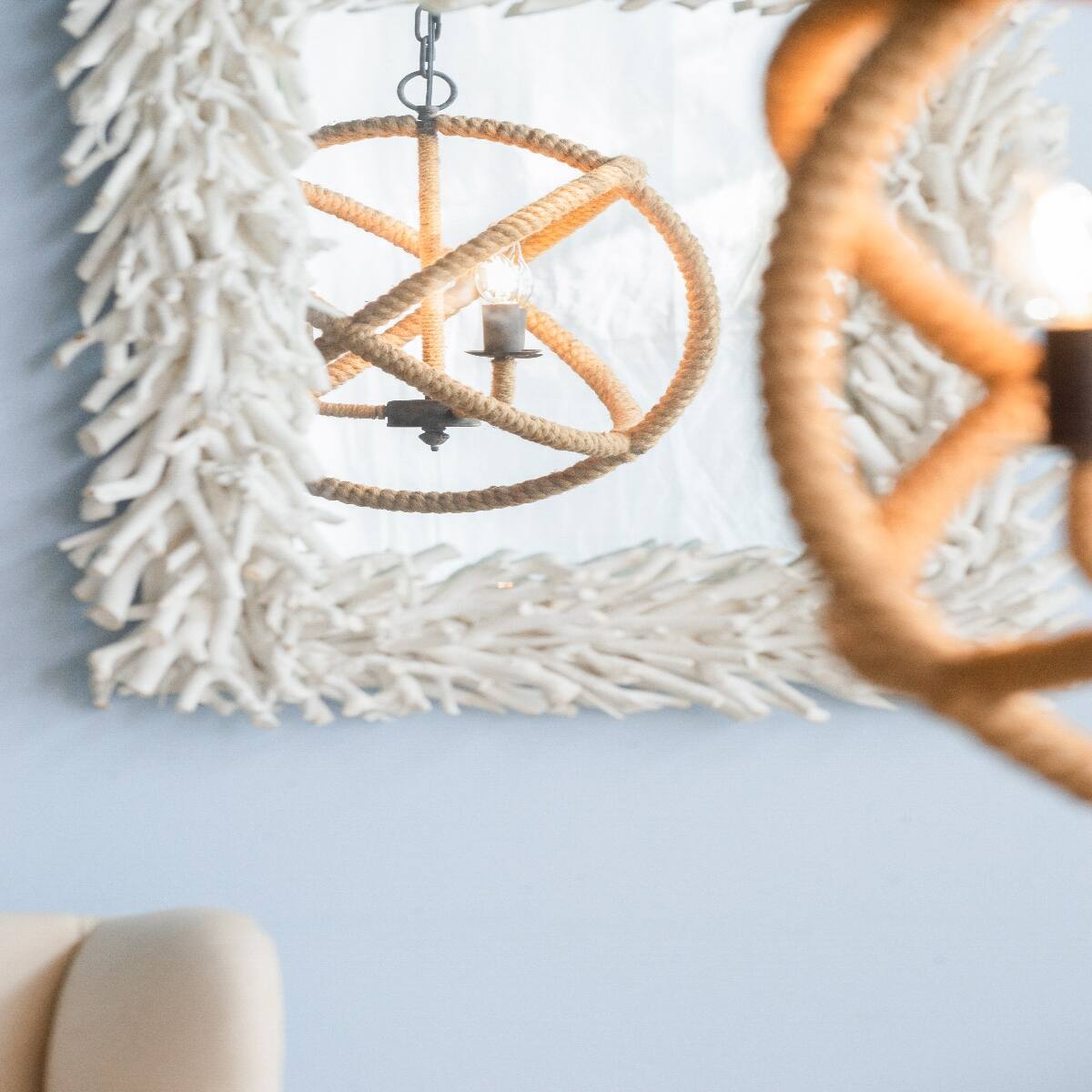 Alt View 6. Loheer - Loheer 3 Light Farmhouse Chandelier, Jute Rope Globe Fixture with Adjustable Chain, Beige Brown.