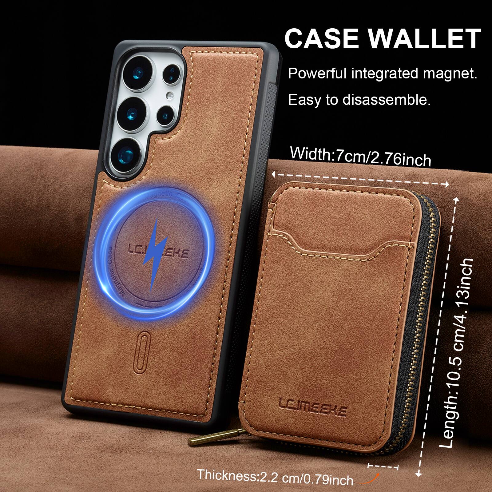 CASE WALLET  
Powerful integrated magnet.  
Easy to disassemble.  

Width: 7cm/2.76inch  
Length: 10.5cm/4.13inch  
Thickness: 2.2cm/0.79inch