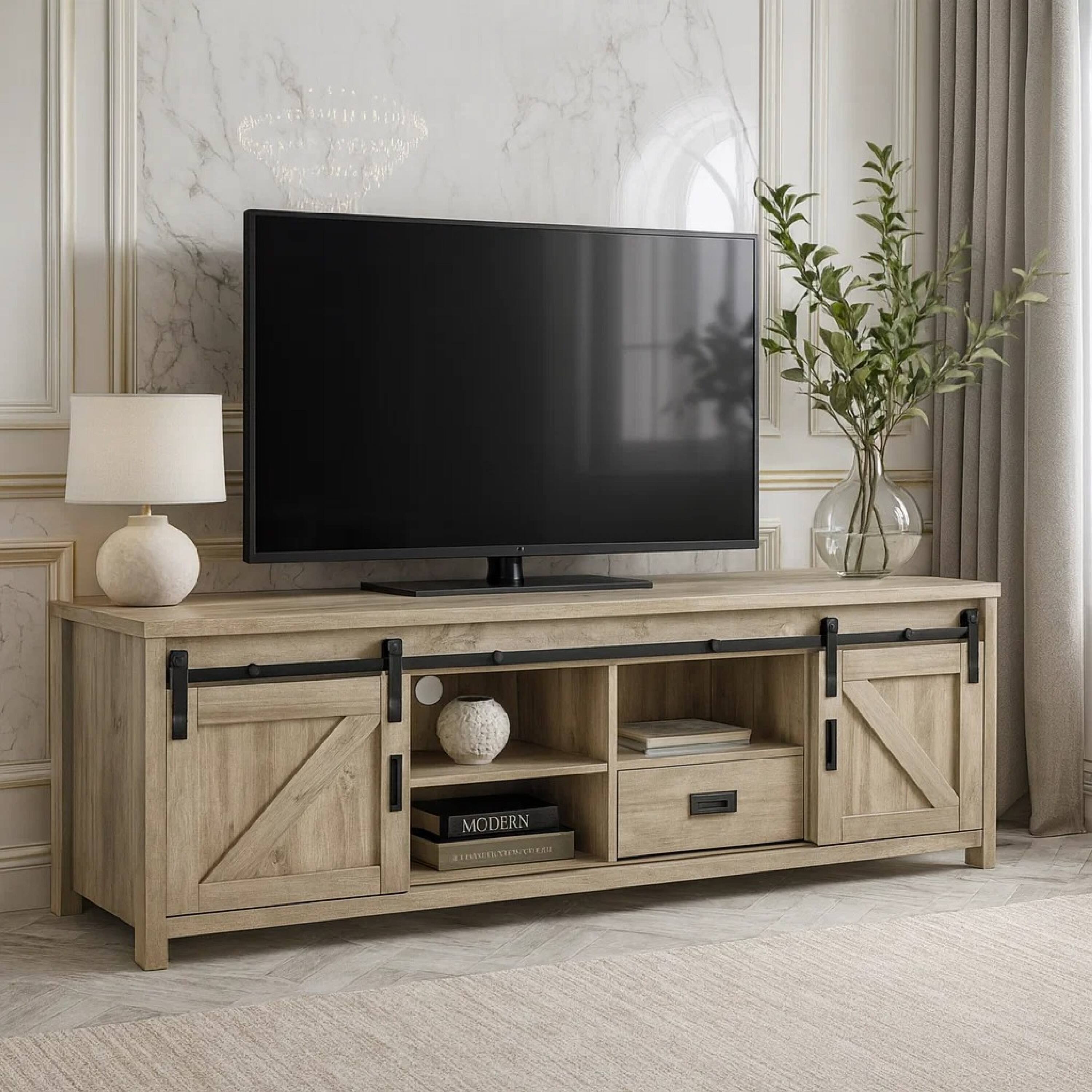 Alt View 6. Manhattan Lane - Sem 79 Inch TV Media Entertainment Console, Sliding Doors, 2 Drawers - Brown, Black.