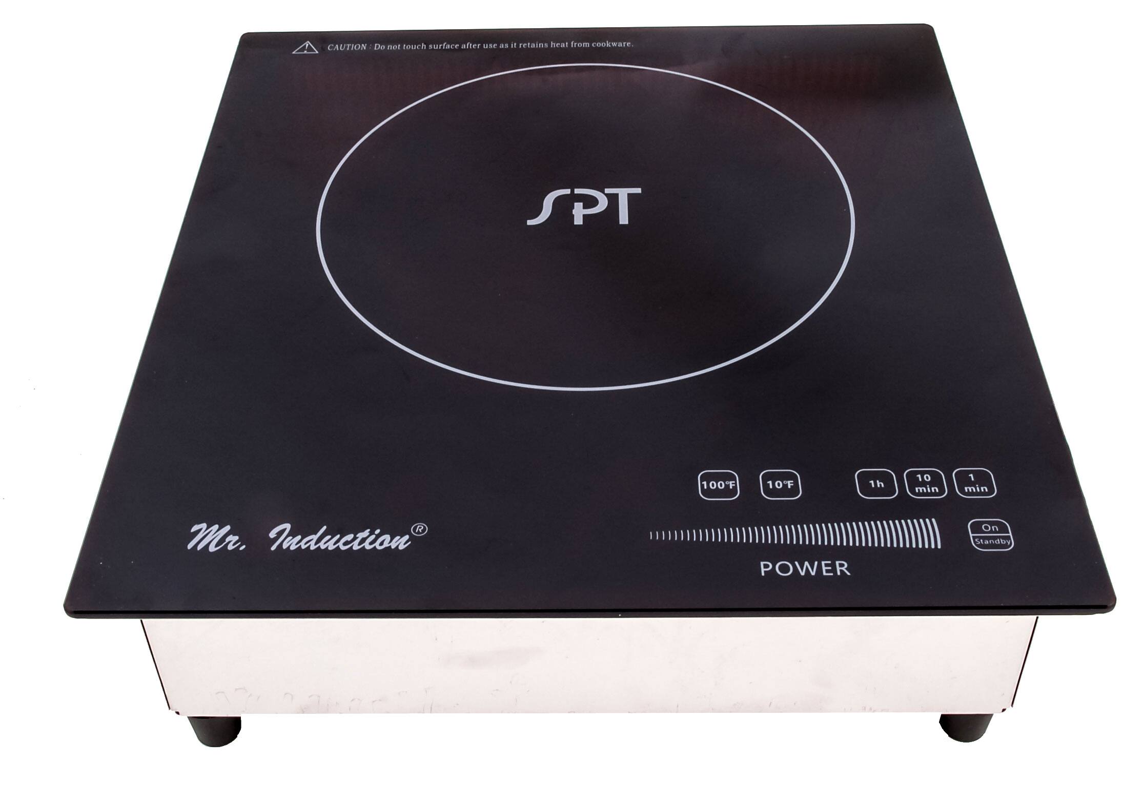 CAUTION: Do not touch surface after use as it retains heat from cookware.

SPT

Mr. Induction®

POWER

100°F 10°F 1h 10 min 1 min

On Standby