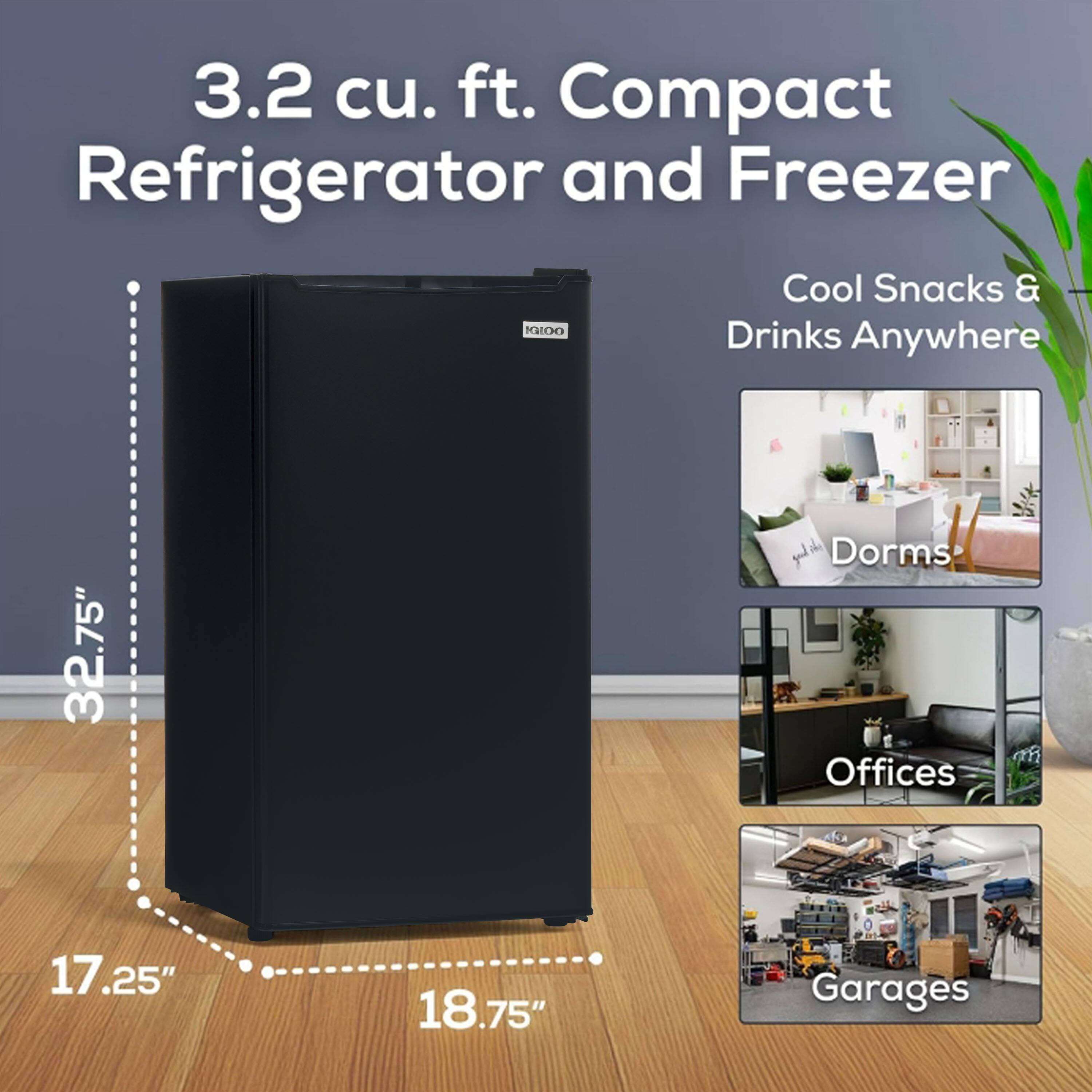 3.2 cu. ft. Compact Refrigerator and Freezer  
Cool Snacks & Drinks Anywhere  
32.75" x 17.25" x 18.75"  
Dorms, Offices, Garages