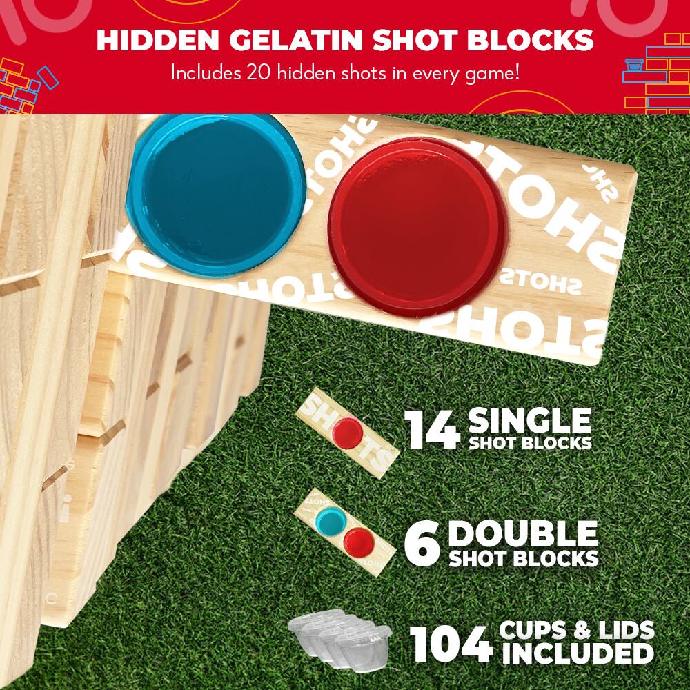 HIDDEN GELATIN SHOT BLOCKS  
Includes 20 hidden shots in every game!  

14 SINGLE SHOT BLOCKS  
6 DOUBLE SHOT BLOCKS  
104 CUPS & LIDS INCLUDED