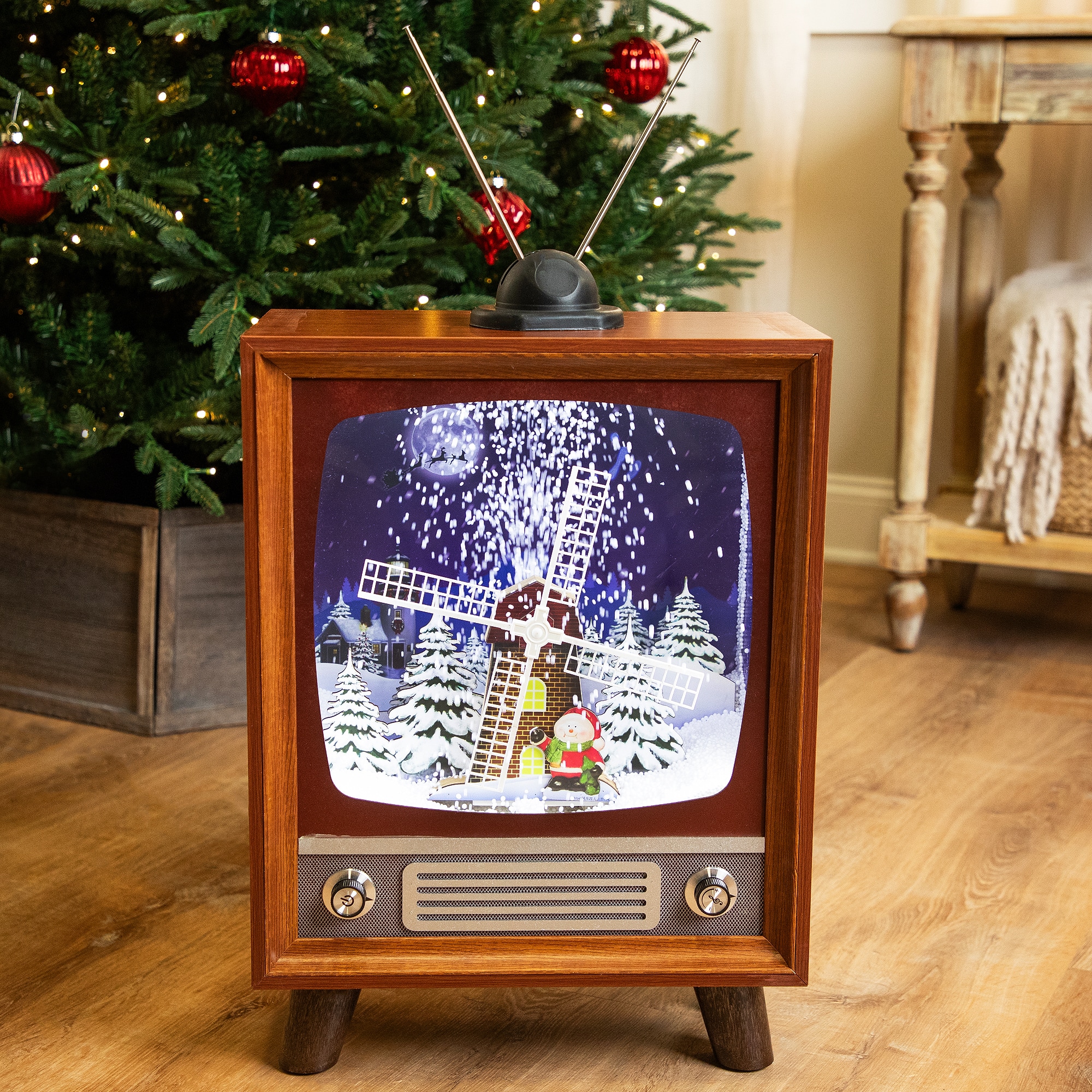 Northlight - LED Lighted Musical Snowing Windmill TV Set Decoration - 21" - Brown
