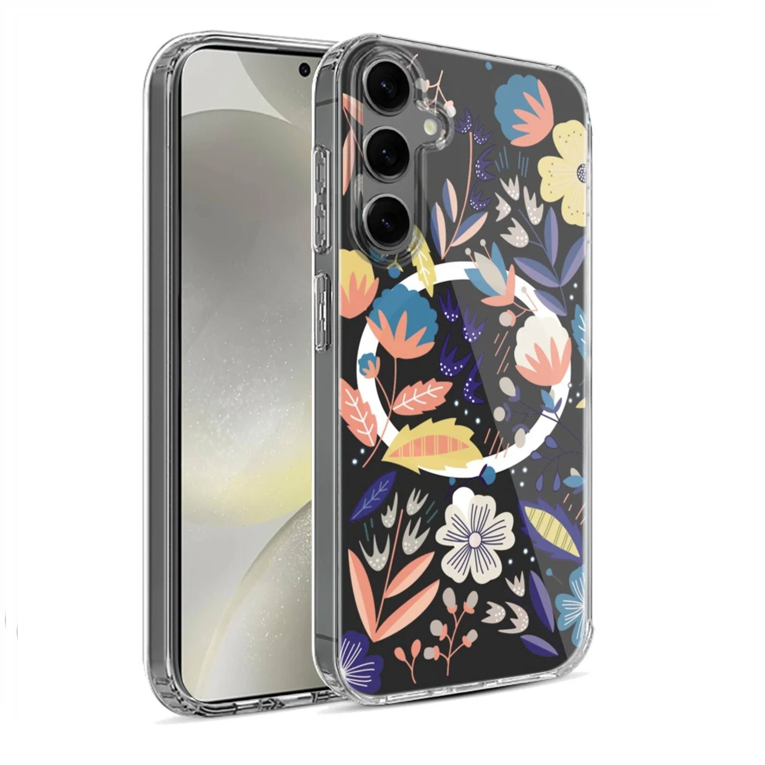 Angle. Kitcheniva - Clear Floral Magnetic Circle Hybrid Phone Case With Tempered Glass For Samsung S25 Plus S24 Plus Garden - Multicolor.