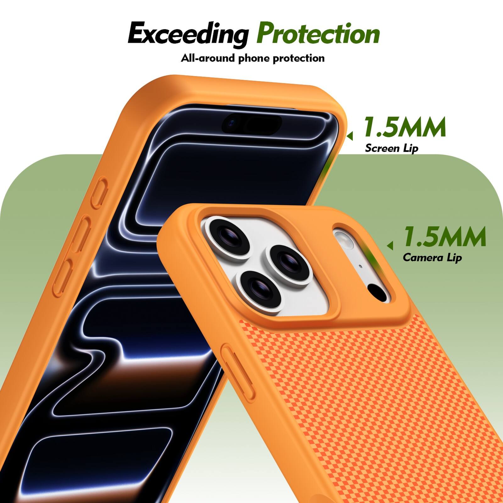 Exceeding Protection  
All-around phone protection  
1.5MM Screen Lip  
1.5MM Camera Lip