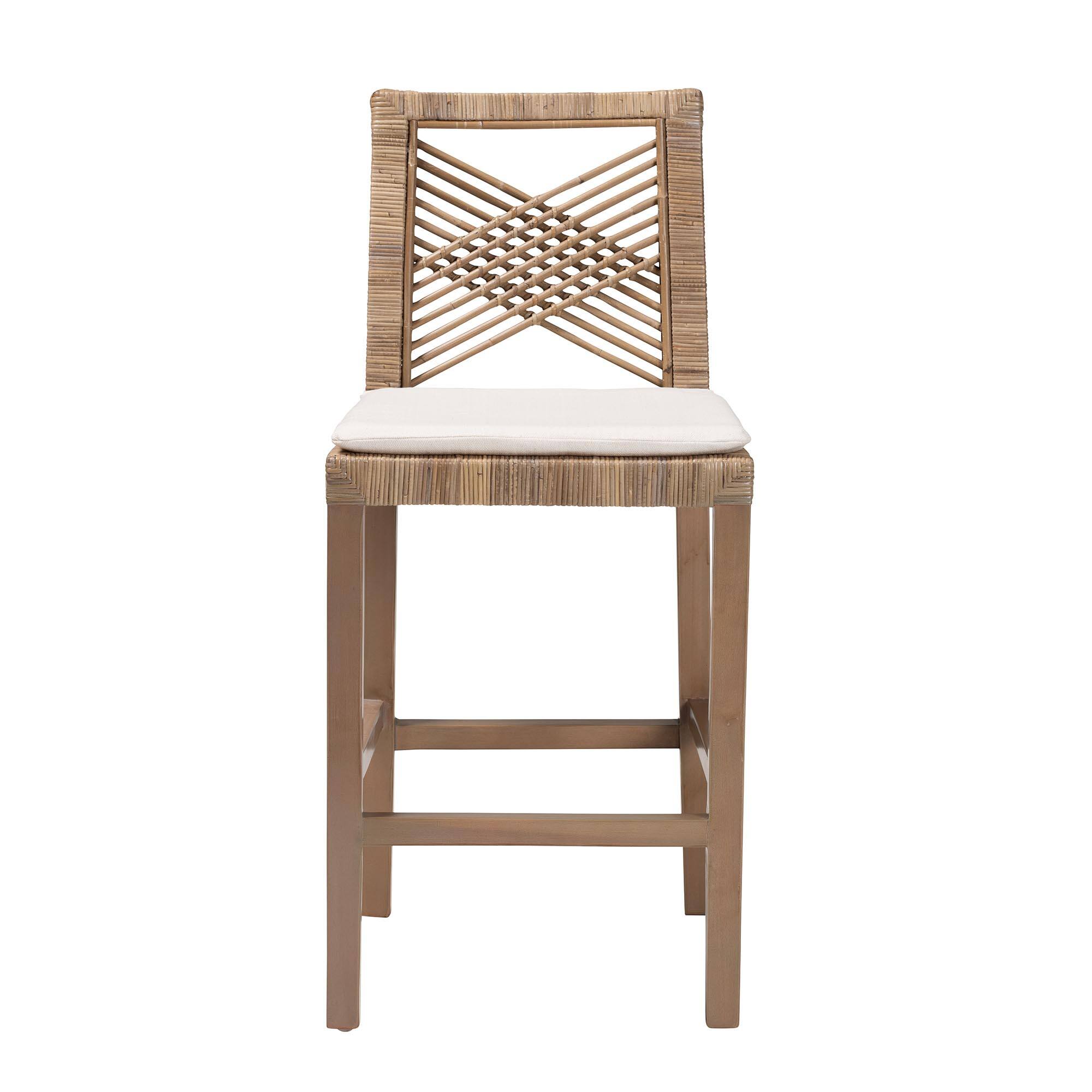 Angle. bali & pari - Poltak Modern Bohemian Natural Kubu Rattan and Mahogany Wood Counter Stool - Kubu Grey/Rustic Taupe.