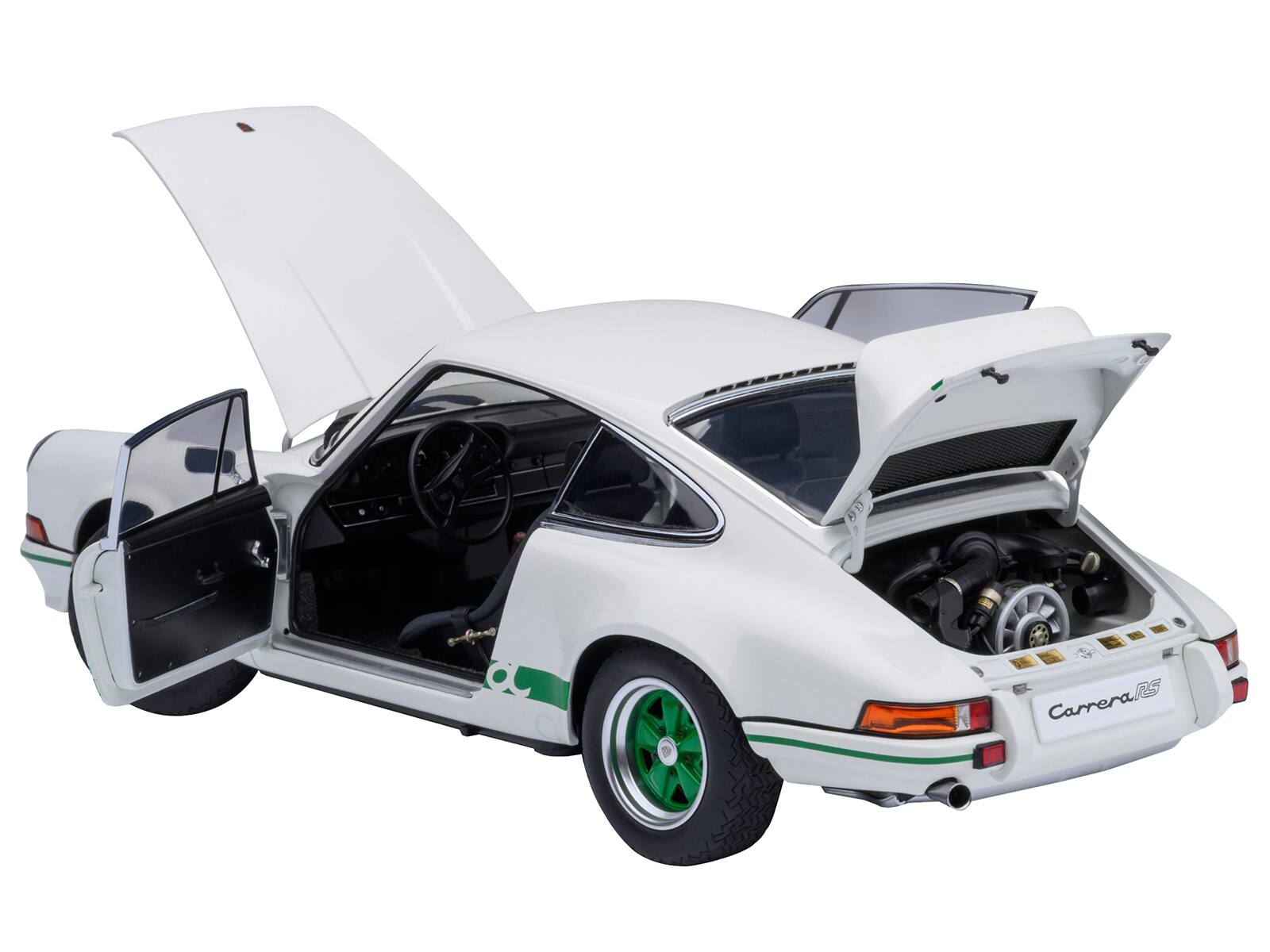 Angle. Autoart - Porsche 911 Carrera 2.7 RS Grand Prix White with Green Stripes and Wheels 1/18 Model Car by Autoart - White.
