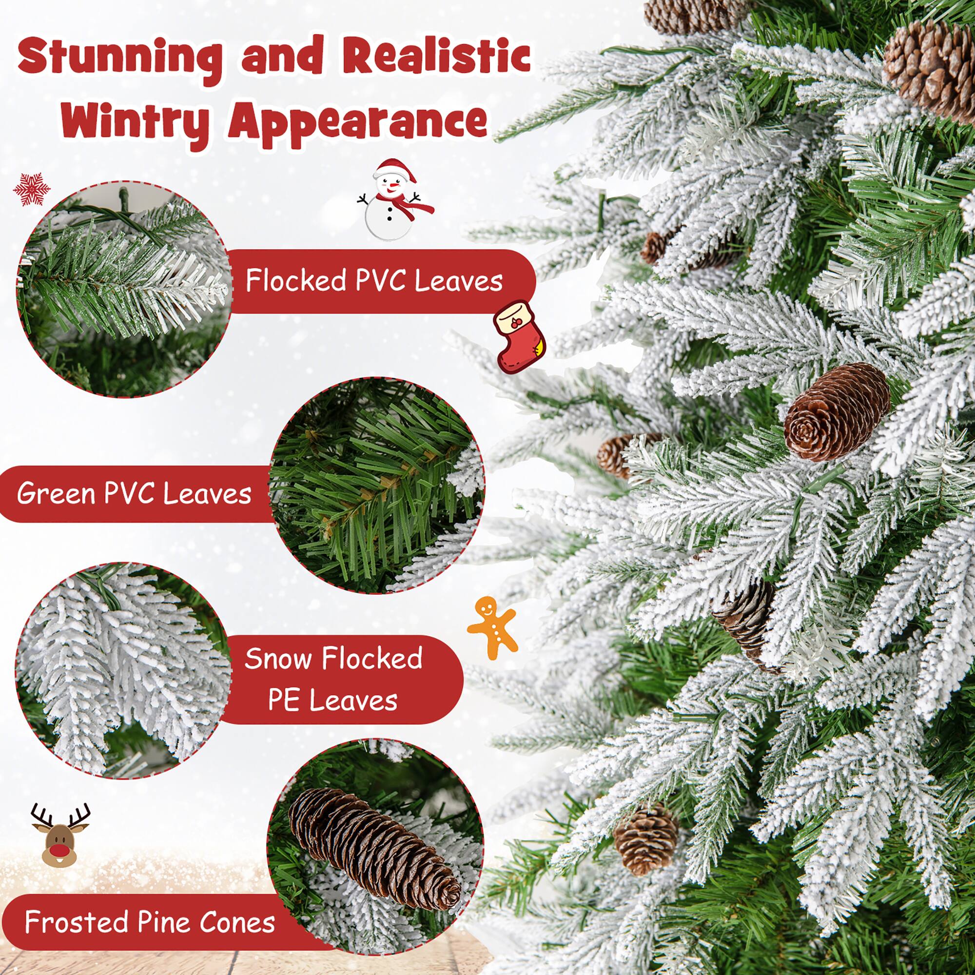 Stunning and Realistic Wintry Appearance

- Flocked PVC Leaves
- Green PVC Leaves
- Snow Flocked PE Leaves
- Frosted Pine Cones