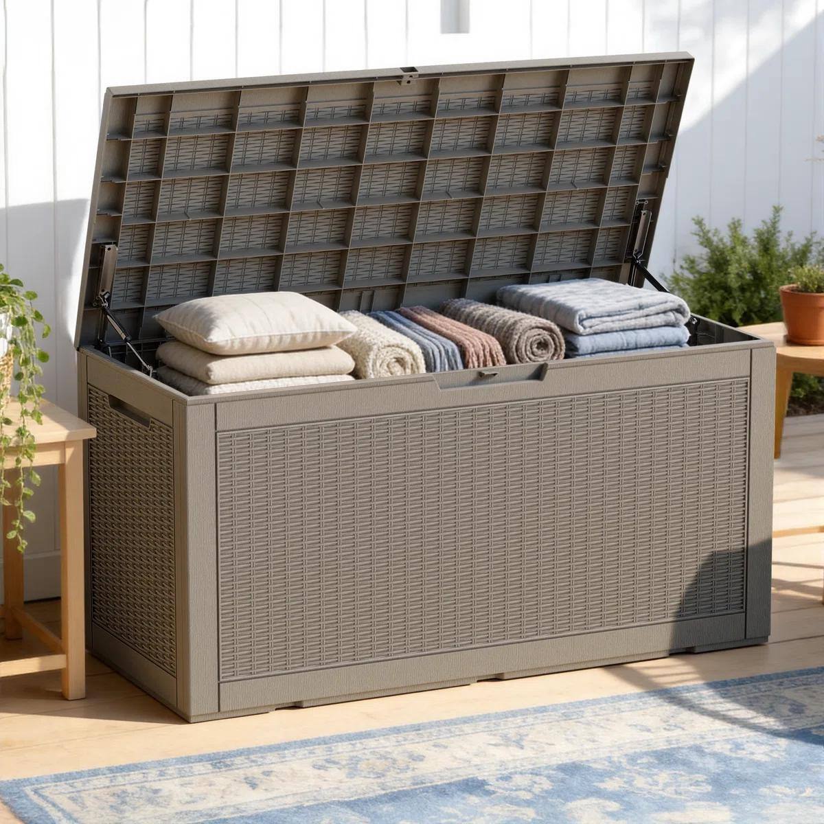 Angle. Yardgrace - 100 Gal Resin Deck Box, Lockable Patio Outdoor Storage Box for Furniture, Garden Tools, Waterproof Outside Storage Boxes - brown.
