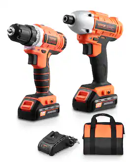 VEVOR - Tool Combo Kit, 12V Max Cordless 2-Tool Combo Kit, with 3/8 in Drill, 1/4 in Impact Driver - Orange,Black