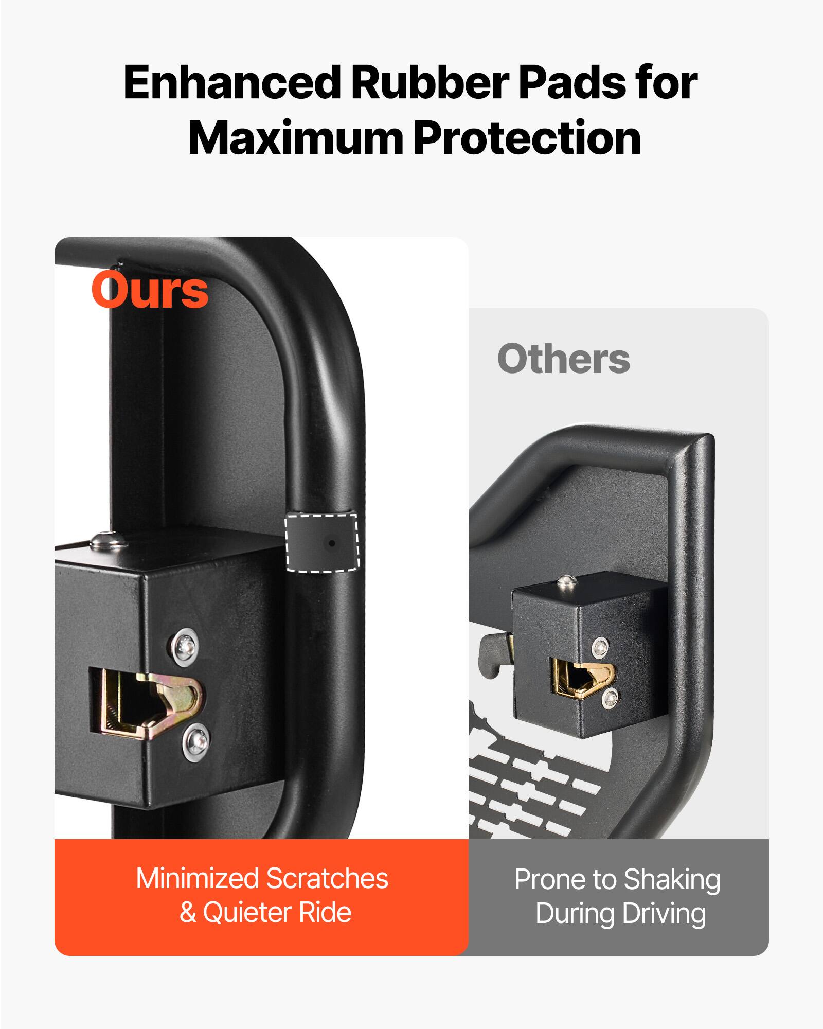 Enhanced Rubber Pads for Maximum Protection

Ours
- Minimized Scratches & Quieter Ride

Others
- Prone to Shaking During Driving