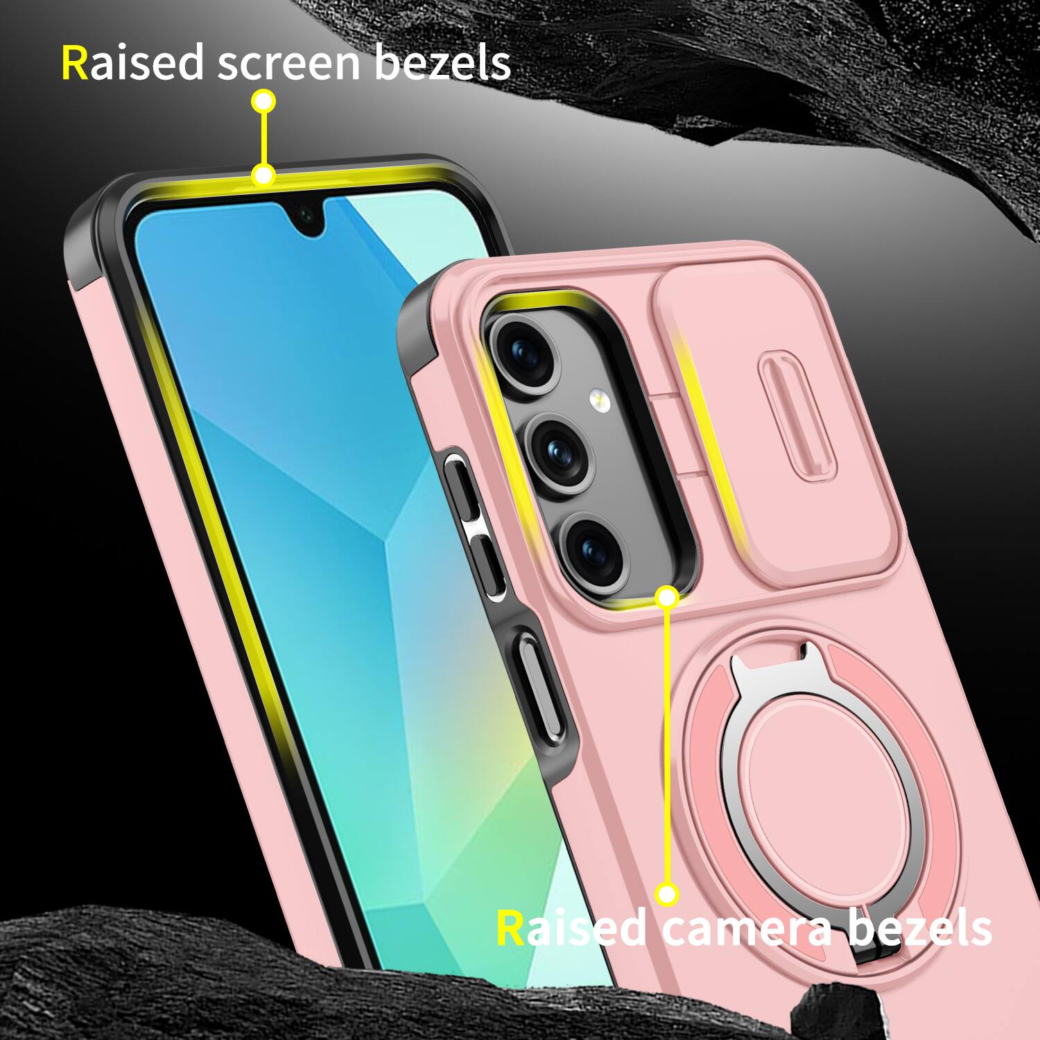 Raised screen bezels  
Raised camera bezels
