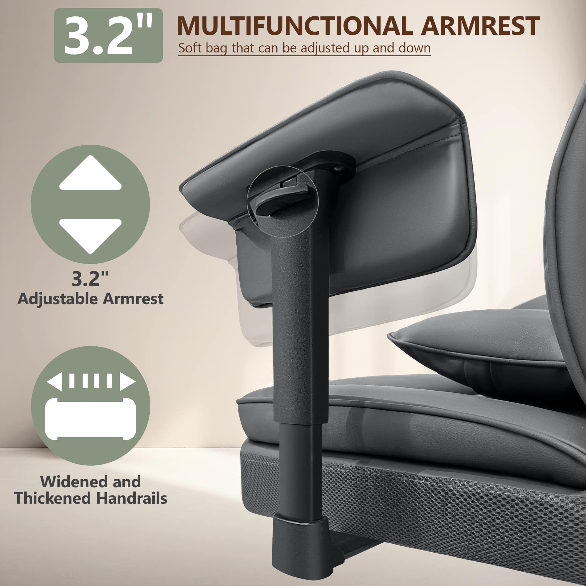 KERDOM - Ergonomic Executive Chair with Footrest, Lifting Armrest & Headrest Adjustable, Home Office Reclining PU Leather Chair - Gray - Thumbnail 5
